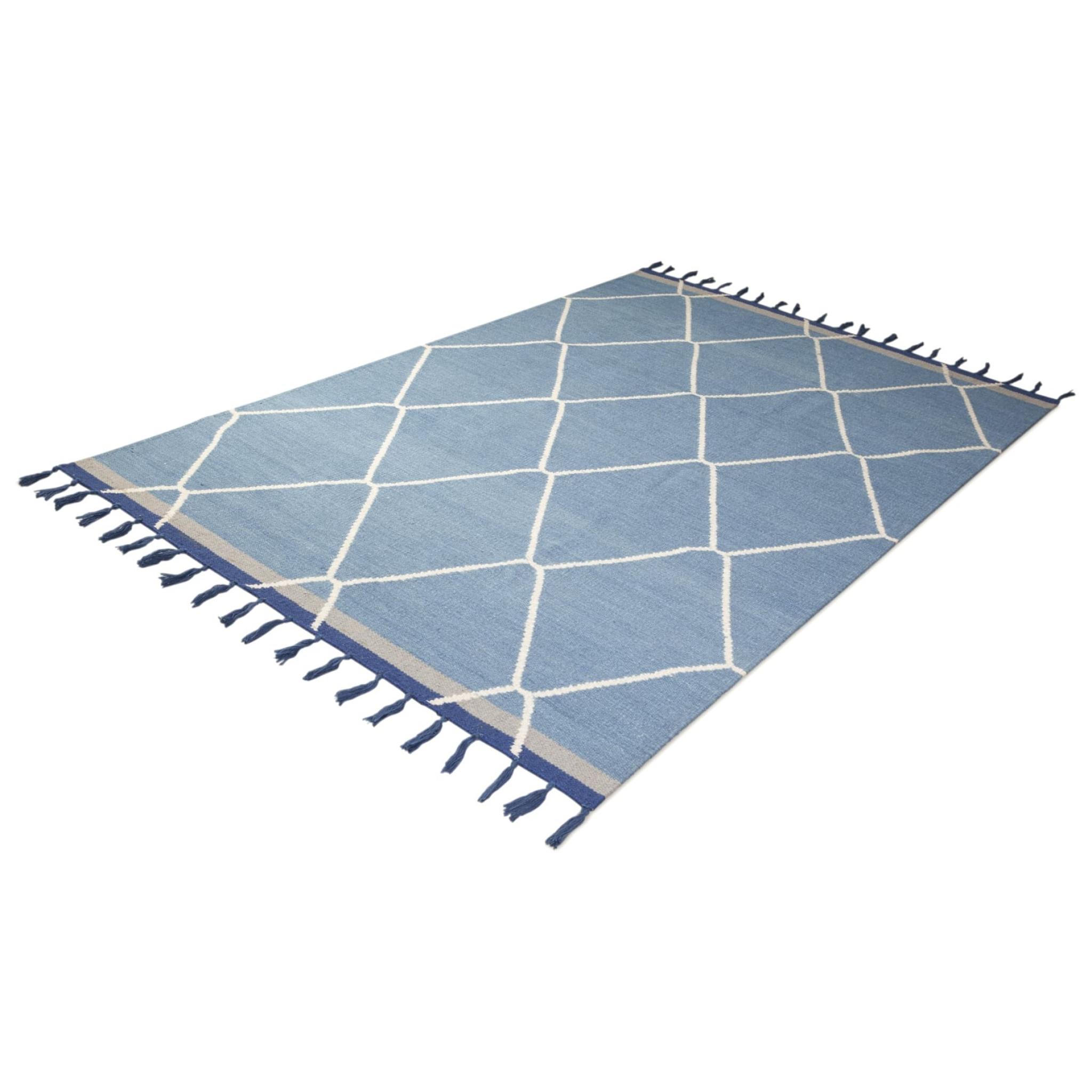 Modern Hand Woven Flatweave Wool Diamond Tribal Berber Kilim Tasseled Jazmin JZM03 Pacific Blue Rug Medium 120x170 cm (4'x5'6")