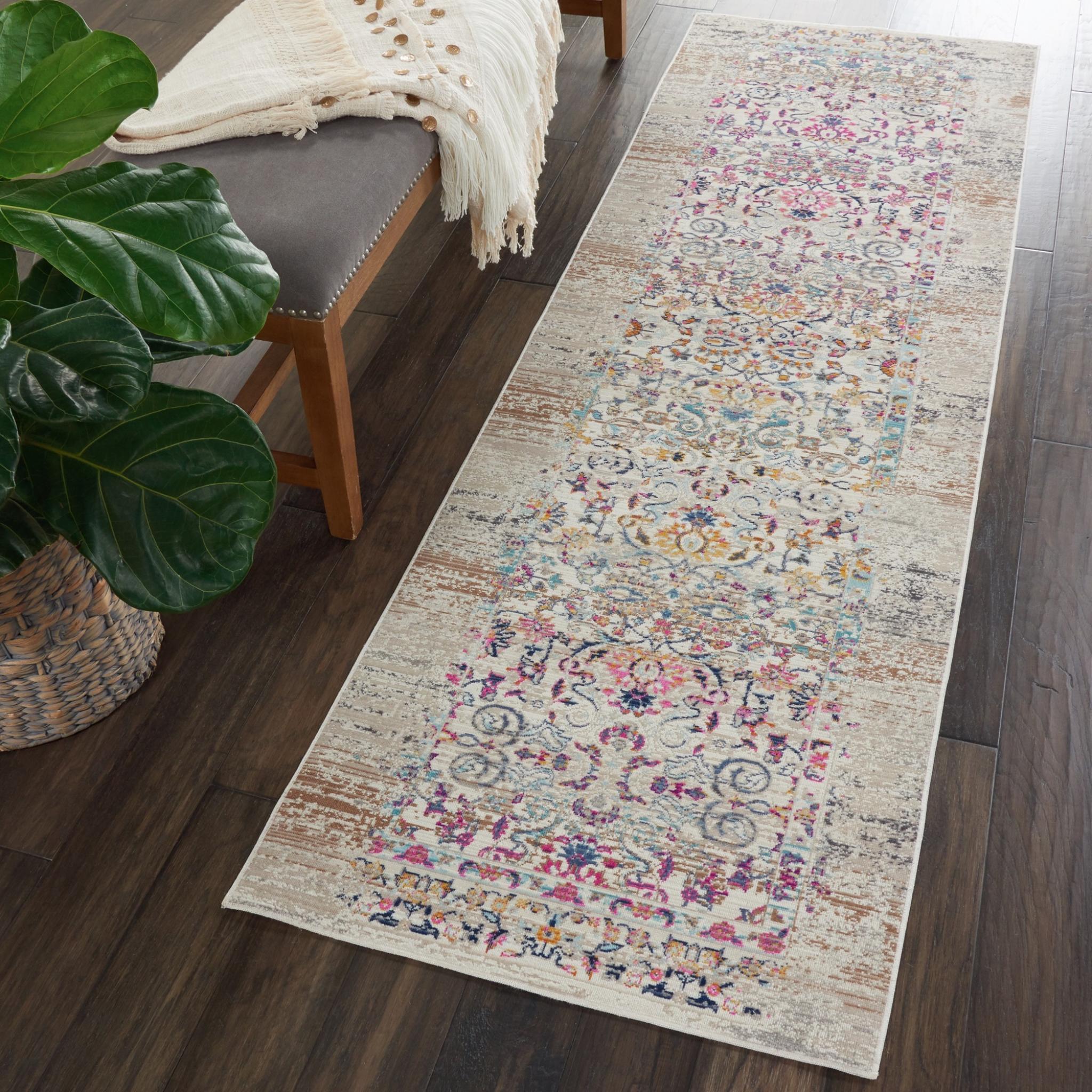 Vintage Kashan VKA02 Traditional Rug Distressed Floral Oriental Modern Classic Ivory Rug Runner 61x183 cm (2'x6')