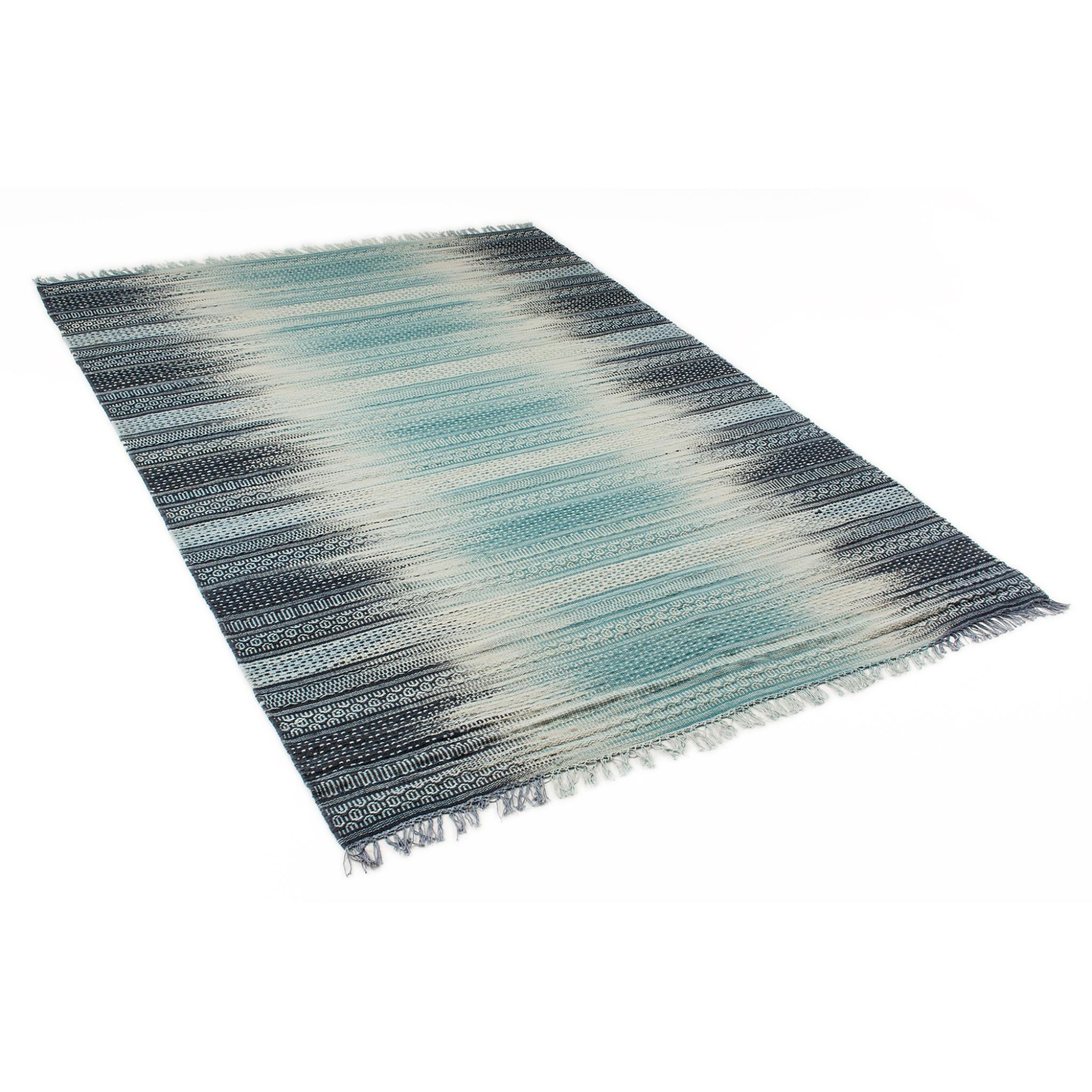 Fusion Hand Knotted Kilim Wool Fringed Rug in Topaz Blue Emerald Extra Large 200 x 290 cm