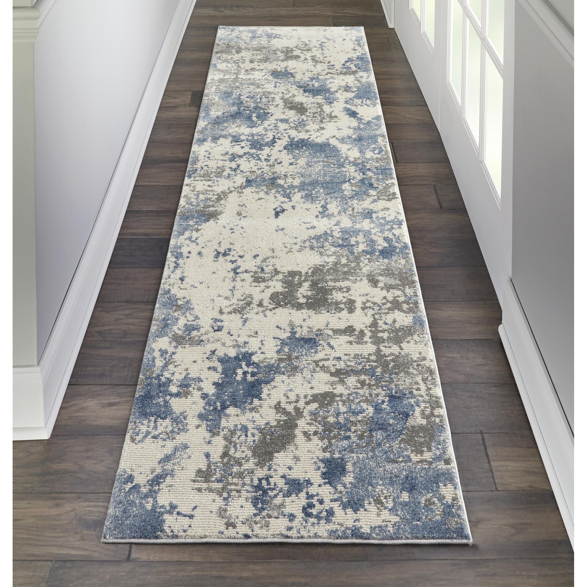 Rustic Textures RUS08 Modern Abstract Rug in Ivory Grey Blue Runner 66x236 cm (2'2''x7'6'')