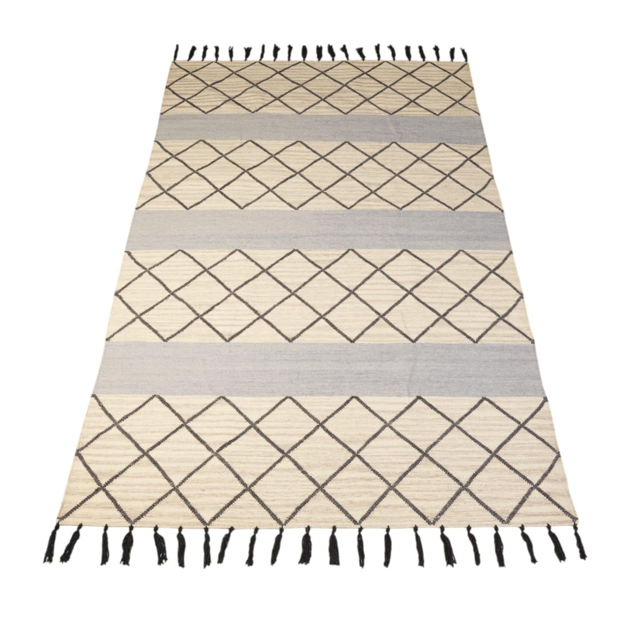 Modern Hand Woven Flatweave Wool Diamond Tribal Berber Kilim Tasseled Jazmin JZM01 Organic Grey Rug Medium 120x170 cm (4'x5'6")