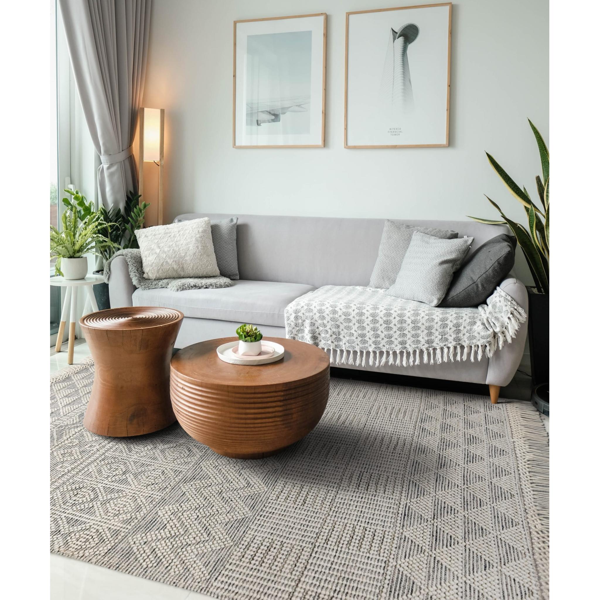 Anya ANR01 Rug Hand Made Wool Geometric Traditional Modern Bohomian Tribal Fringed Rug in Natural Medium 120x170 cm (4'x5'6")