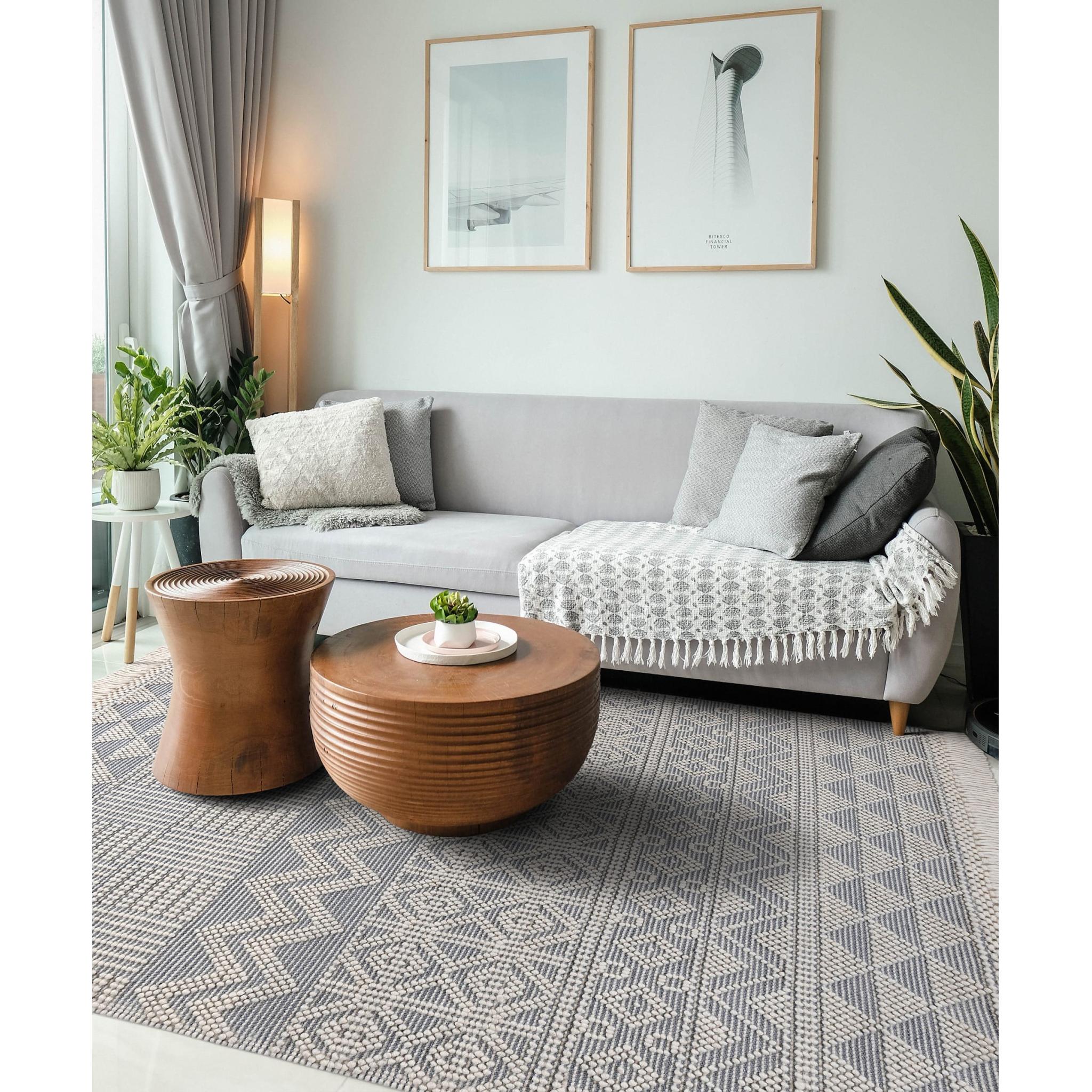 Anya ANR01 Rug Hand Made Wool Geometric Traditional Modern Bohomian Tribal Fringed Rug in Ivory Slate Medium 120x170 cm (4'x5'6")