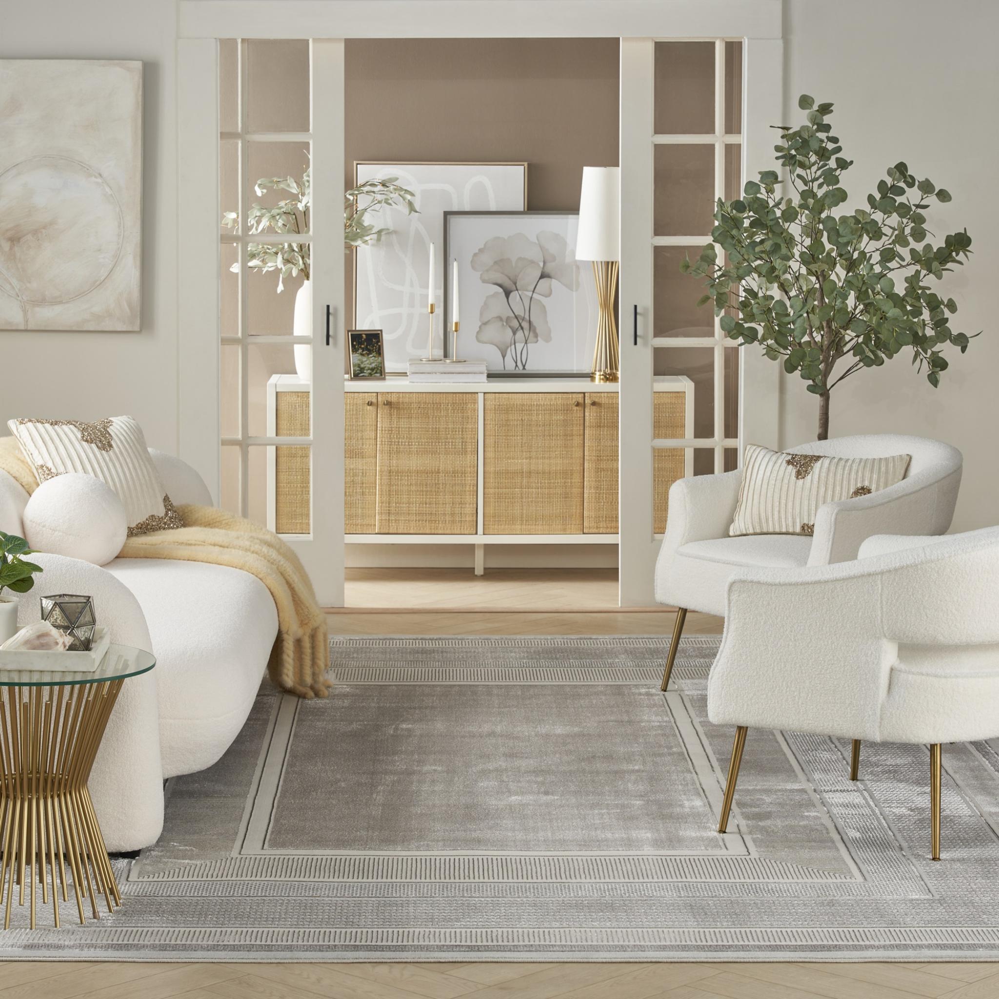 Glitz GLZ07 Modern Classic Geometric Framed Border Soft Silky Shimmer Silver Rug Runner by Nourison XXX-Large 274x366 cm (9'x12')