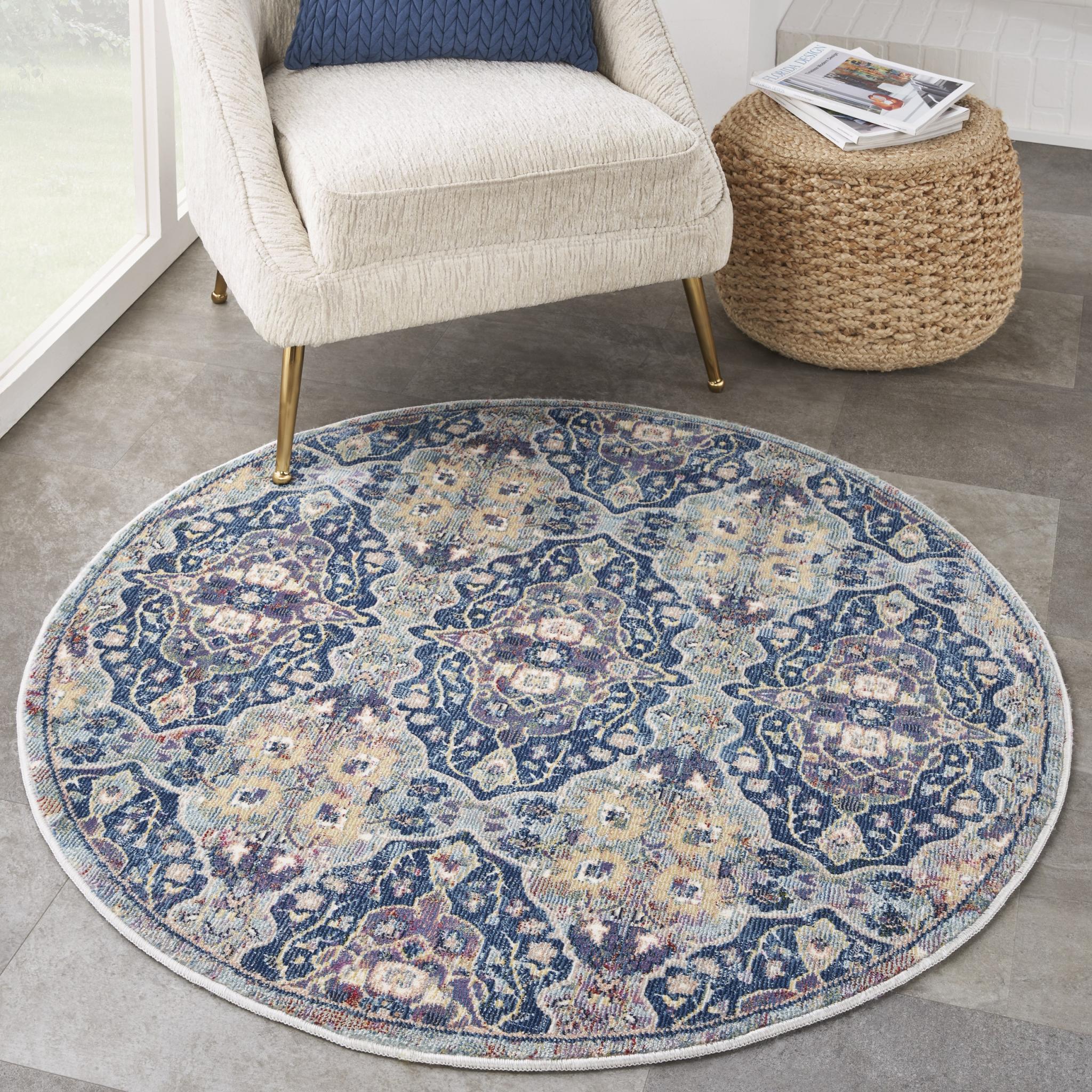 Nourison Ankara Vintage Traditional ANR16 Rug Runner Round in Navy Blue Multi 122x122 cm (4'x4') Round