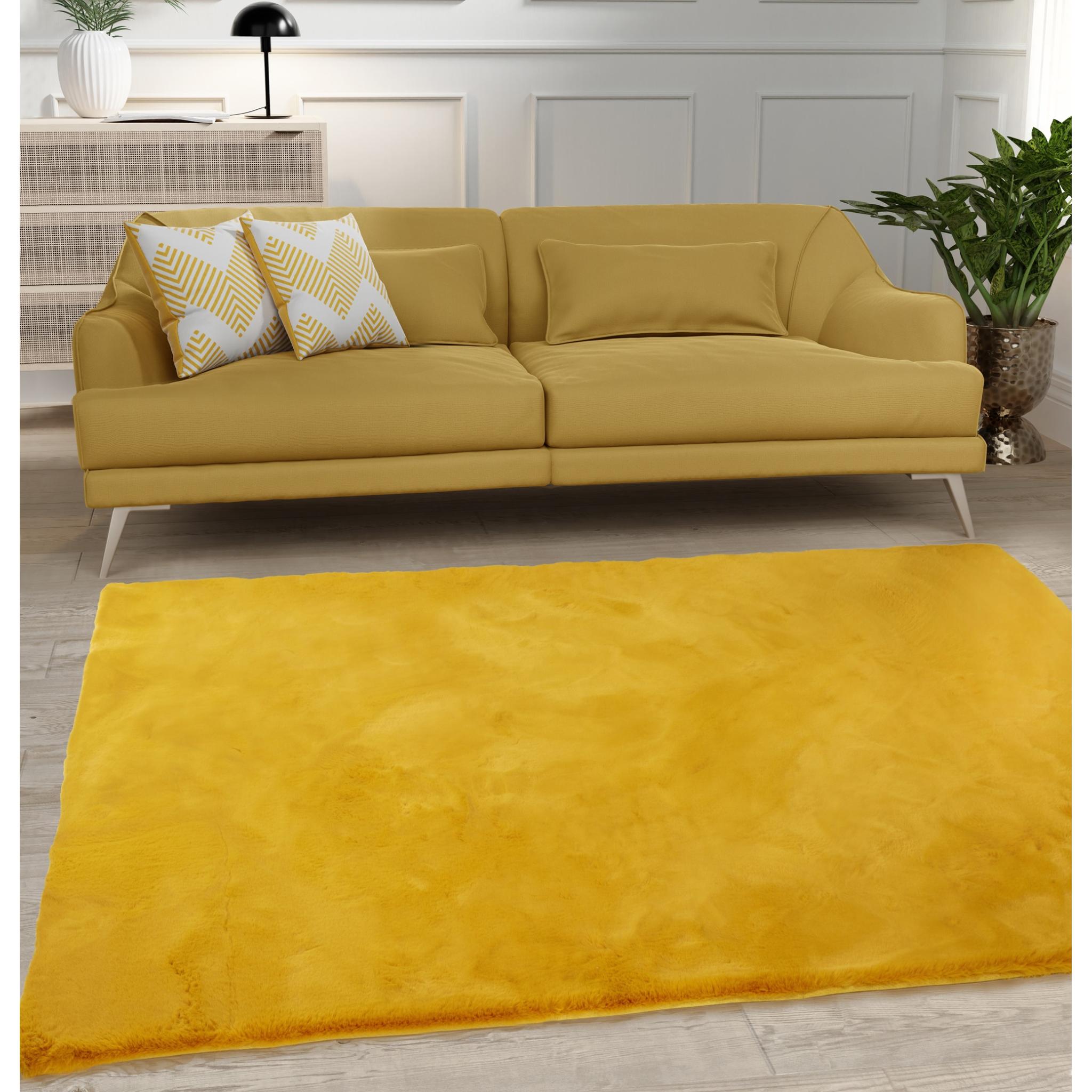 Luxe Faux Fur Plain Super Soft Shaggy Rug in Ochre Yellow X-Small 60x100 cm (2'x4')