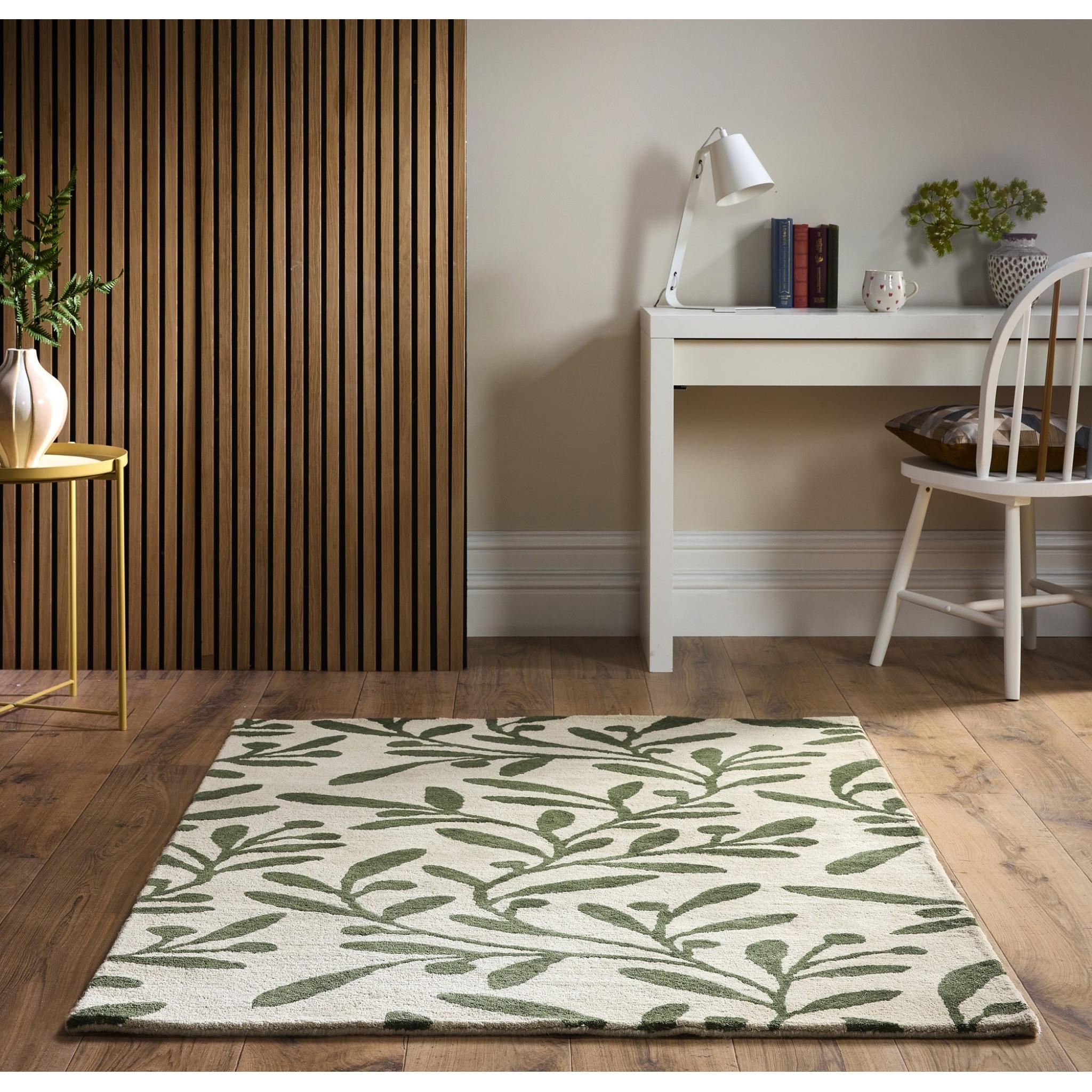 Origins Wool Hand Tufted Trailing Leaf Cream/Green Rug Small 80x150 cm (2'6"x5')