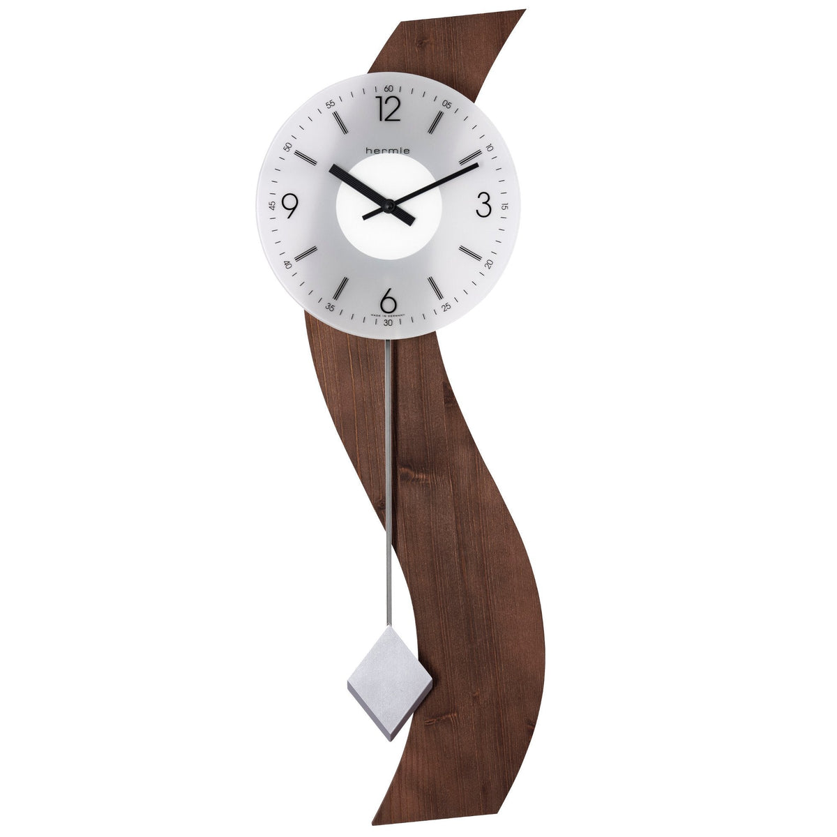 Hermle Wooden Modern Swirl Pendulum Wall Clock in Walnut
