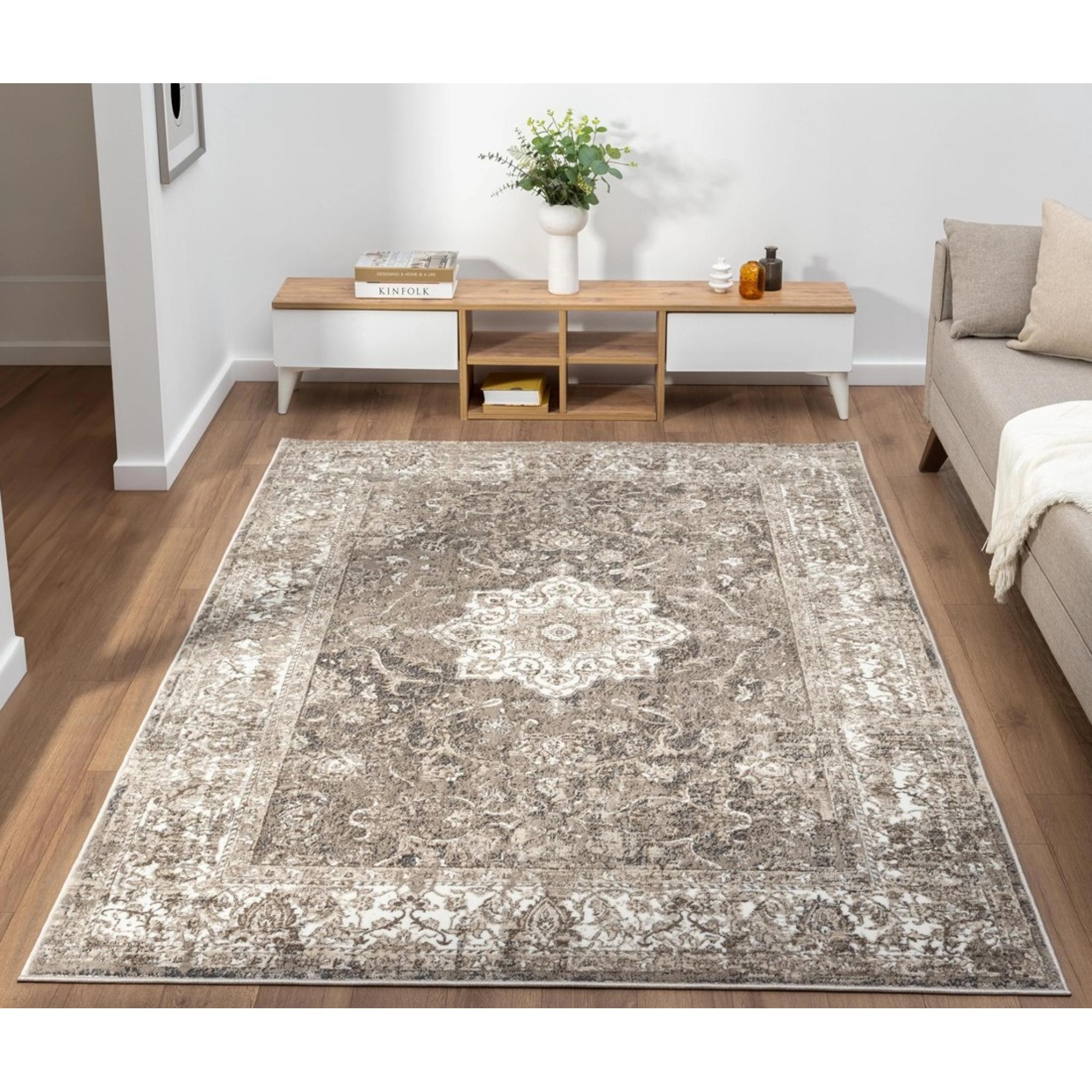 Vintage 865AC Traditional Classic Medallion Bordered Anthracite Rug Hallway Runner Medium 120x170 cm (4'x5'6")