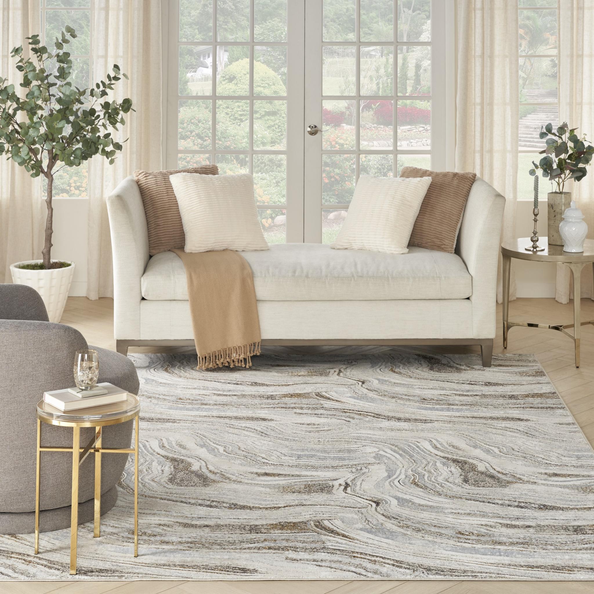 Glitz GLZ22 Modern Abstract Marble Soft Silky Shimmer Grey Gold Rug Runner by Nourison Medium 119x180 cm (3'11"x5'11")