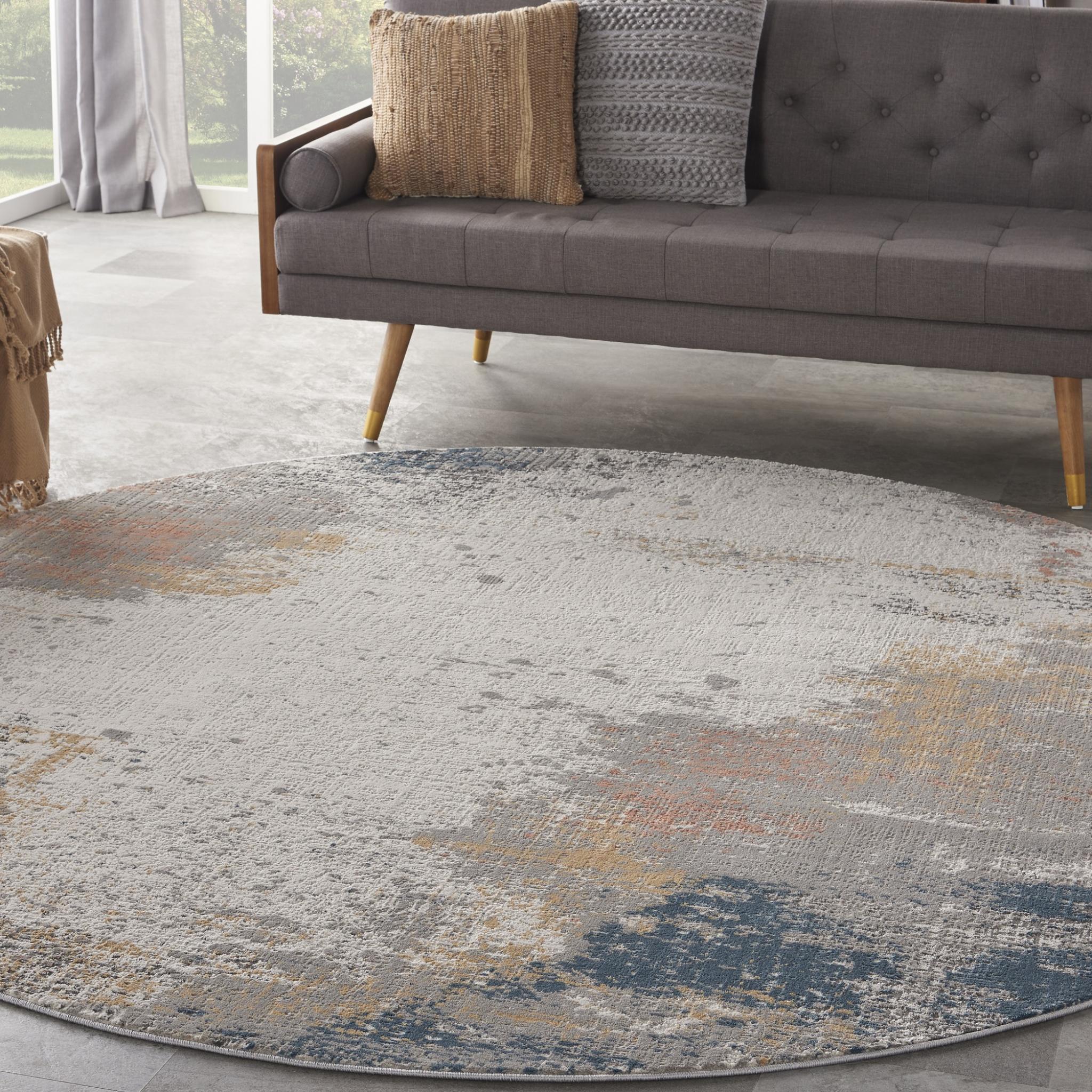 Rustic Textures RUS13 Modern Painterly Abstract Rug in Grey Blue Round Large 160x160 cm (5'3''x5'3'')