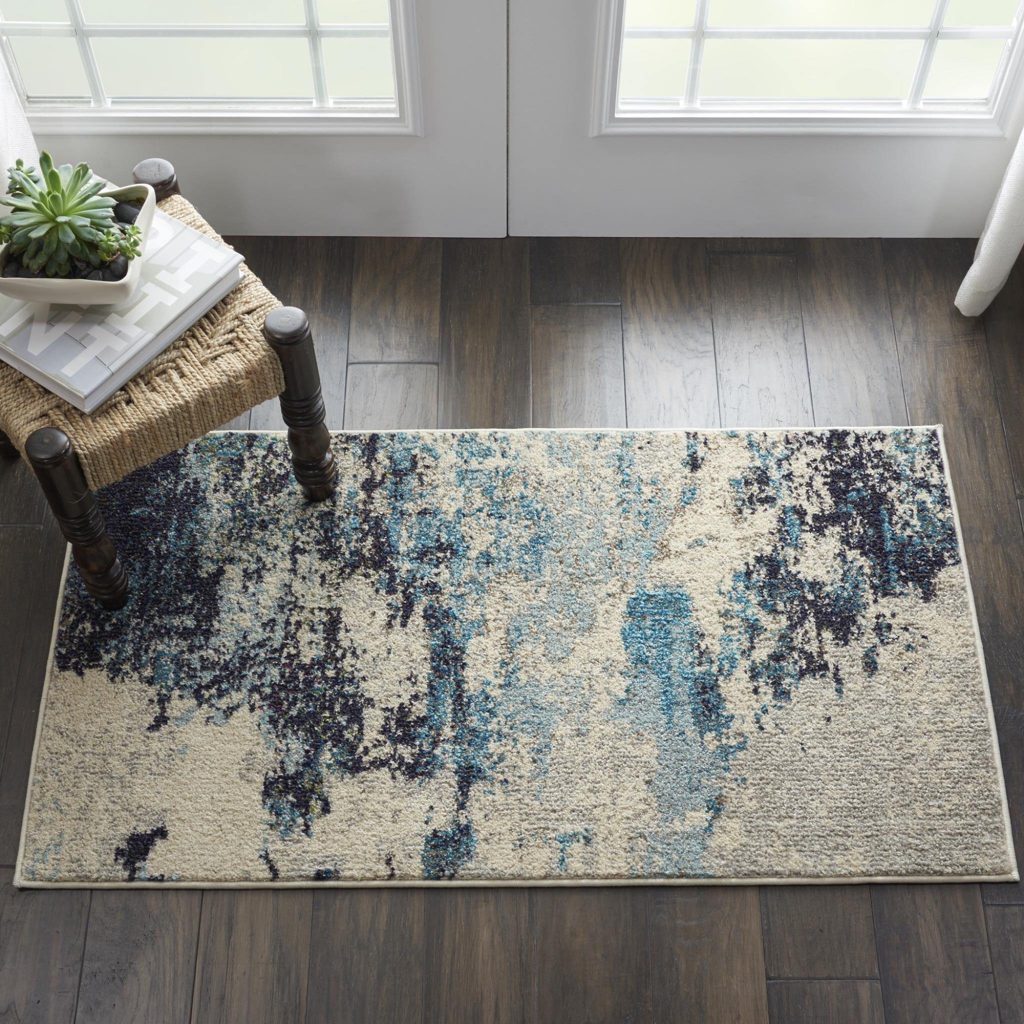 Celestial CES02 Modern Abstract Ivory Teal Blue Rug by Nourison Small 66x114 cm (2'2"x3'9")
