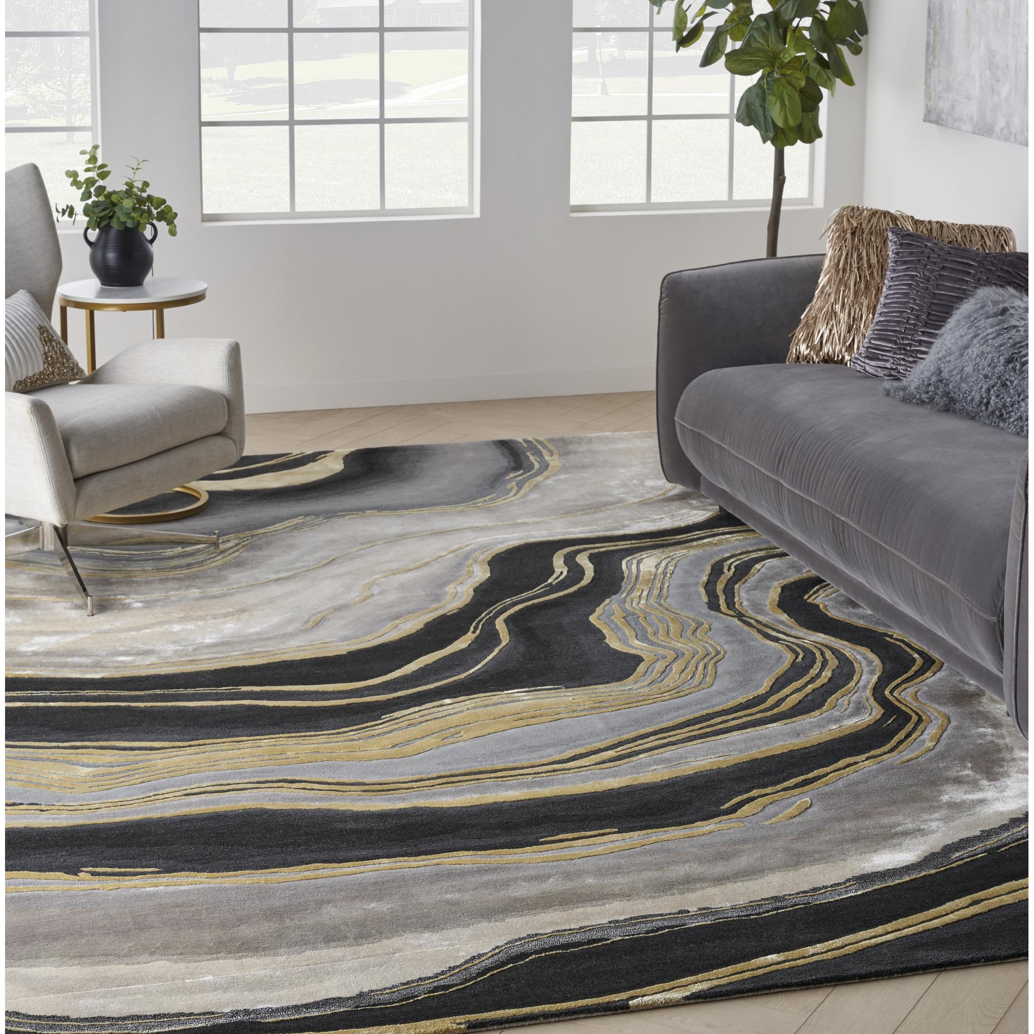 Prismatic Abstract Rug by Nourison Modern Luxury Soft Wool Silky Viscose Hand Tufted PRS31 Rug in Grey Black Medium 114x175 cm (4'x5'9'')