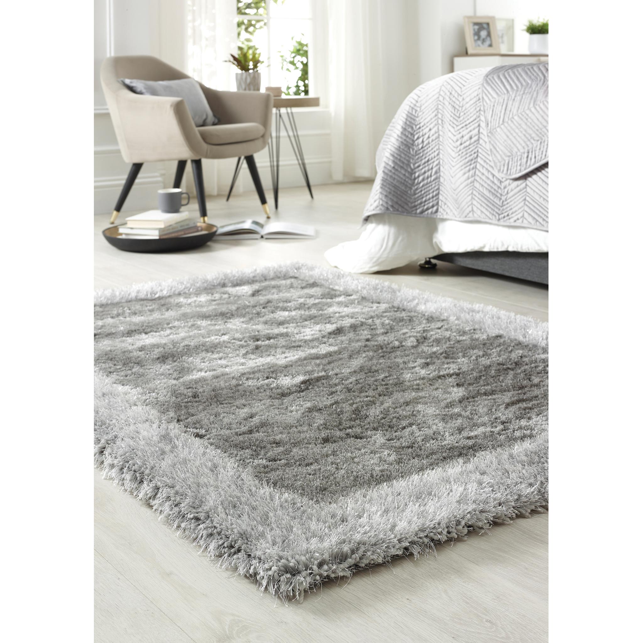 Origins Shimmer Silky Shaggy Hand Tufted Carpet Border Modern Soft Fluffy Shag Rug in Silver Small 80x150 cm (2'6"x5')