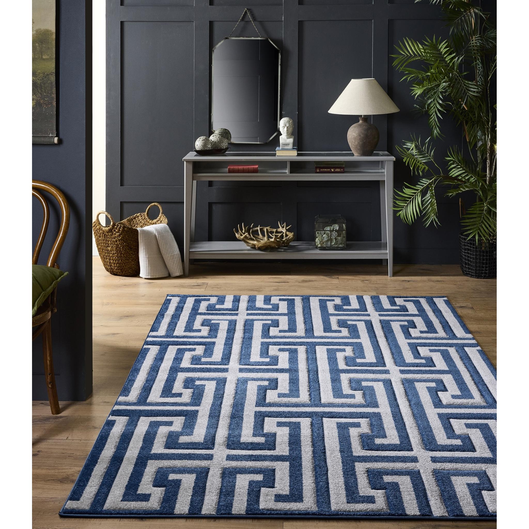 Origins Elegant Greek Key Geometric Carved Rug in Navy Blue Small 80x150 cm (2'6"x5')