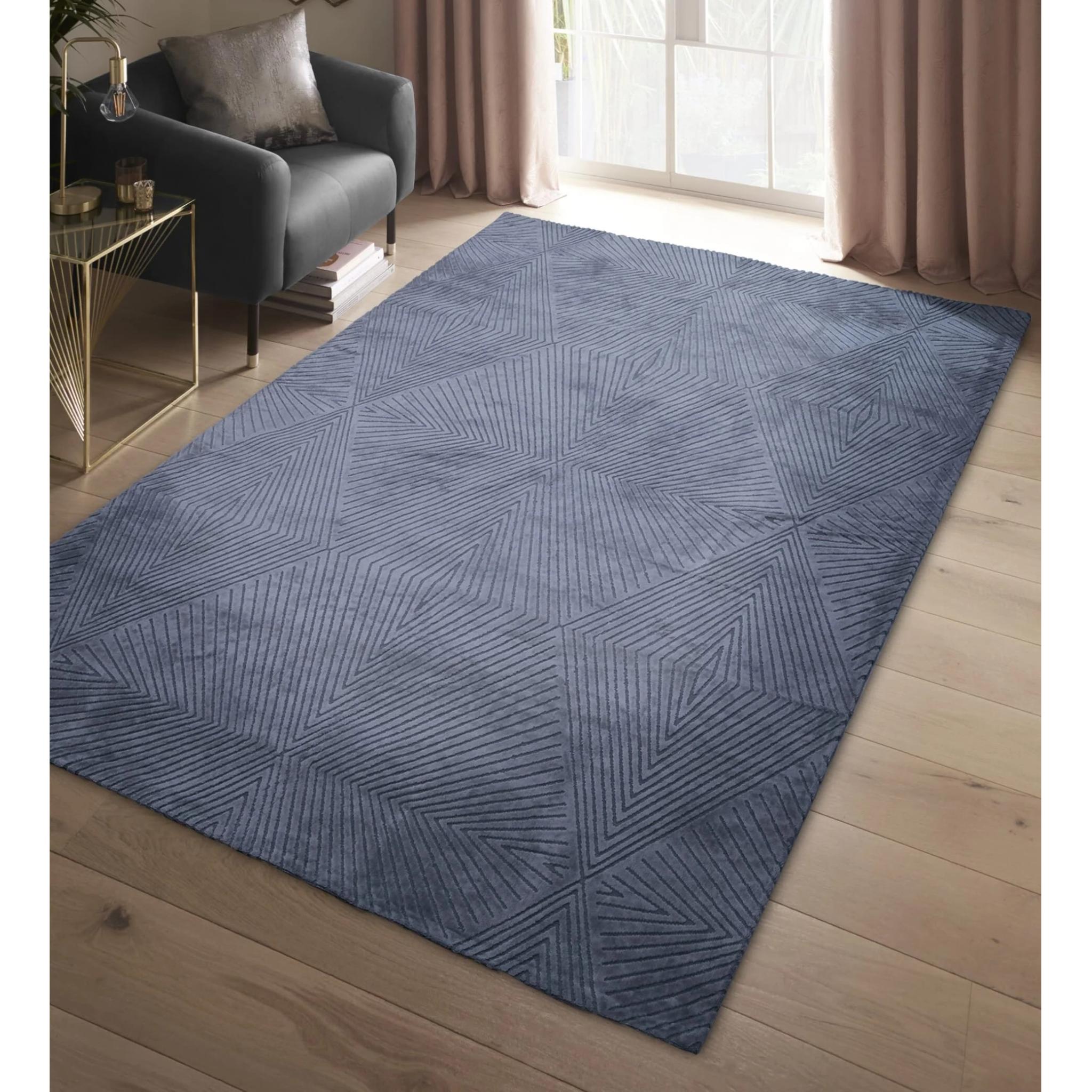 Blaize Geometric Rug by Clarke & Clarke Soft Silky Quality Viscose Geometric Design Rug in Blue Twilight Medium 120x170 cm (4'x5'6")