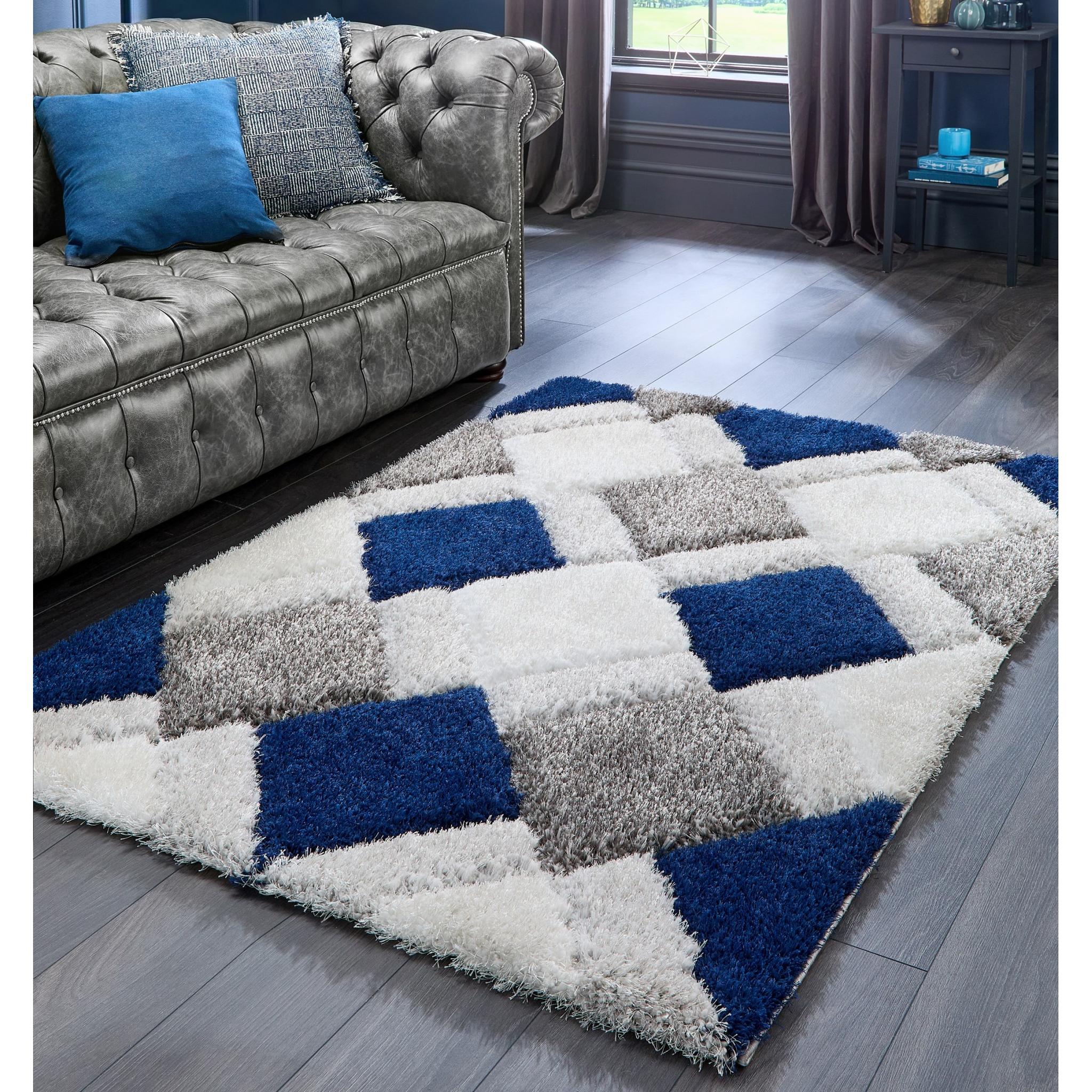Origins 3D GEO Soft Silky Shaggy Modern Diamond Rug in Navy Large 160x230 cm (5'3"x7'7")