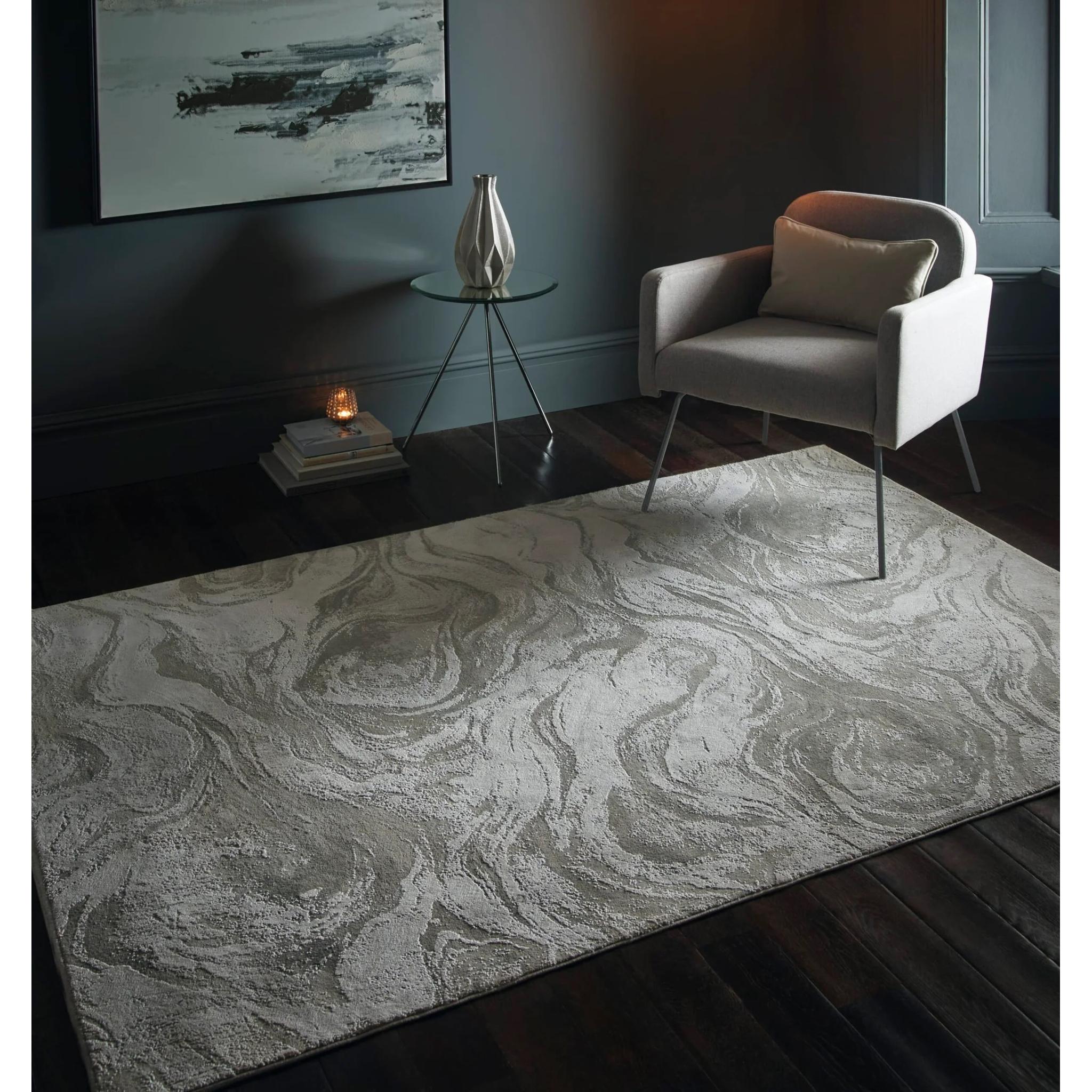 Lavico Swirl Marbled Rug Modern Abstract Silk Shiny Rug by Clarke & Clarke in Champagne Beige Large 160x230 cm (5'3"x7'7")