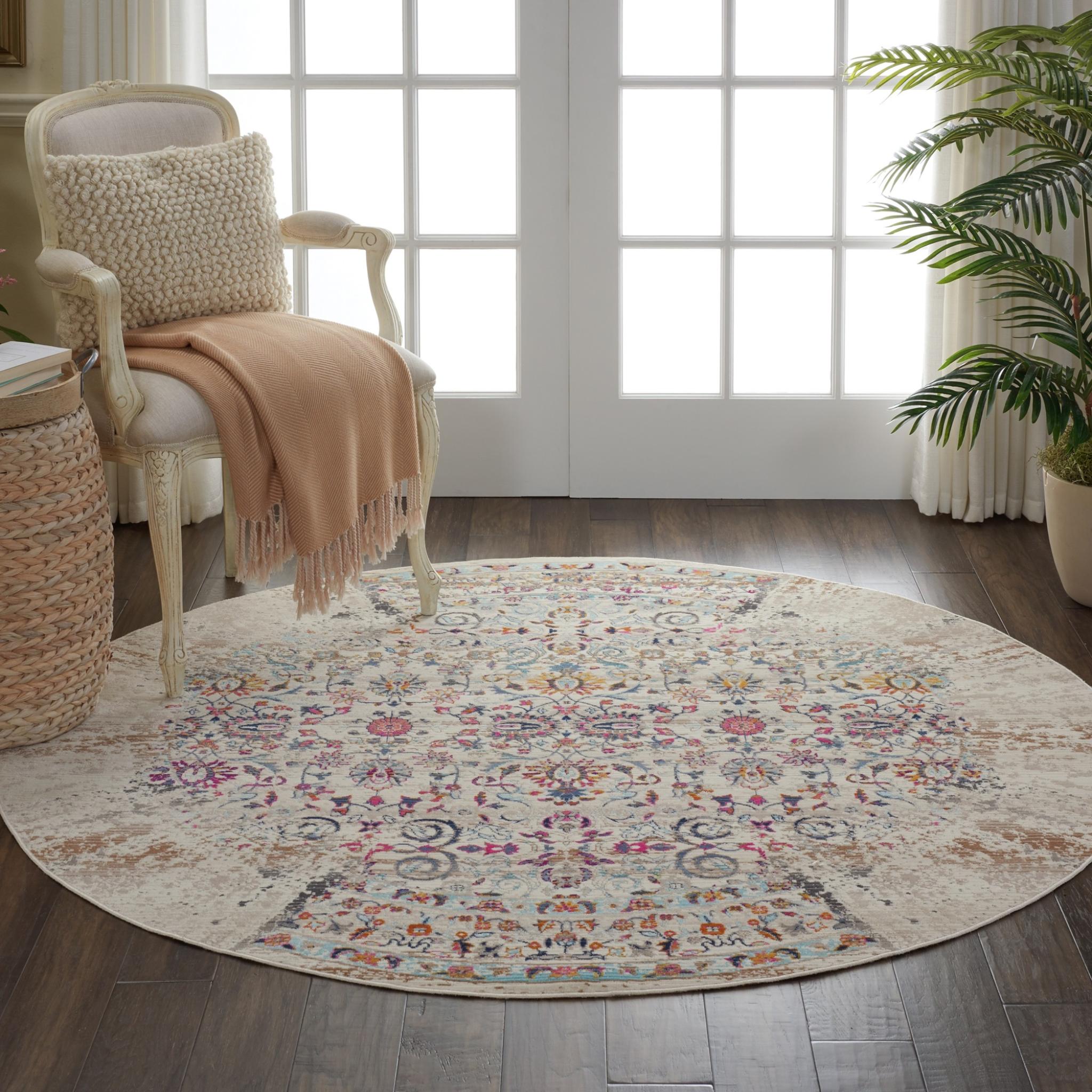 Vintage Kashan VKA02 Traditional Rug Distressed Floral Oriental Modern Classic Ivory Rug Round 122x122 cm (4'x4')