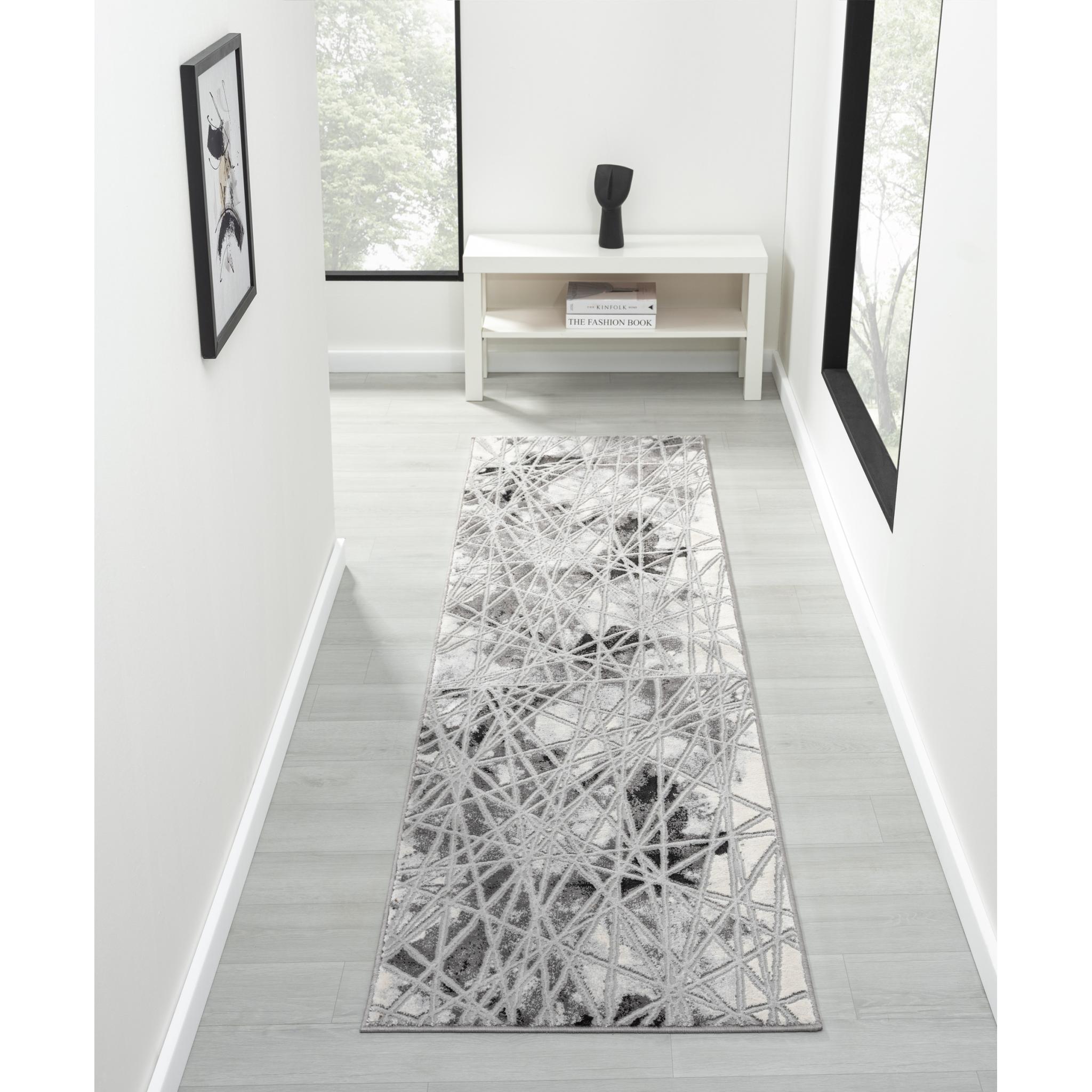 Bianco 185TA Modern Marbled Abstract Dark Grey Silver Rug & Hall Runner Runner 66x230 cm (2'5"x7'7")