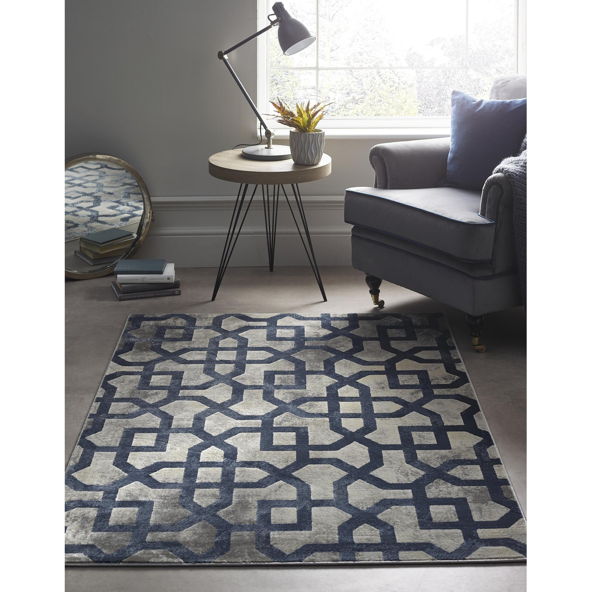 Origins Avanti Geometric Modern Classic Moroccan Soft Silky Rug in Grey/Blue Medium 120x170 cm (4'x5'6")