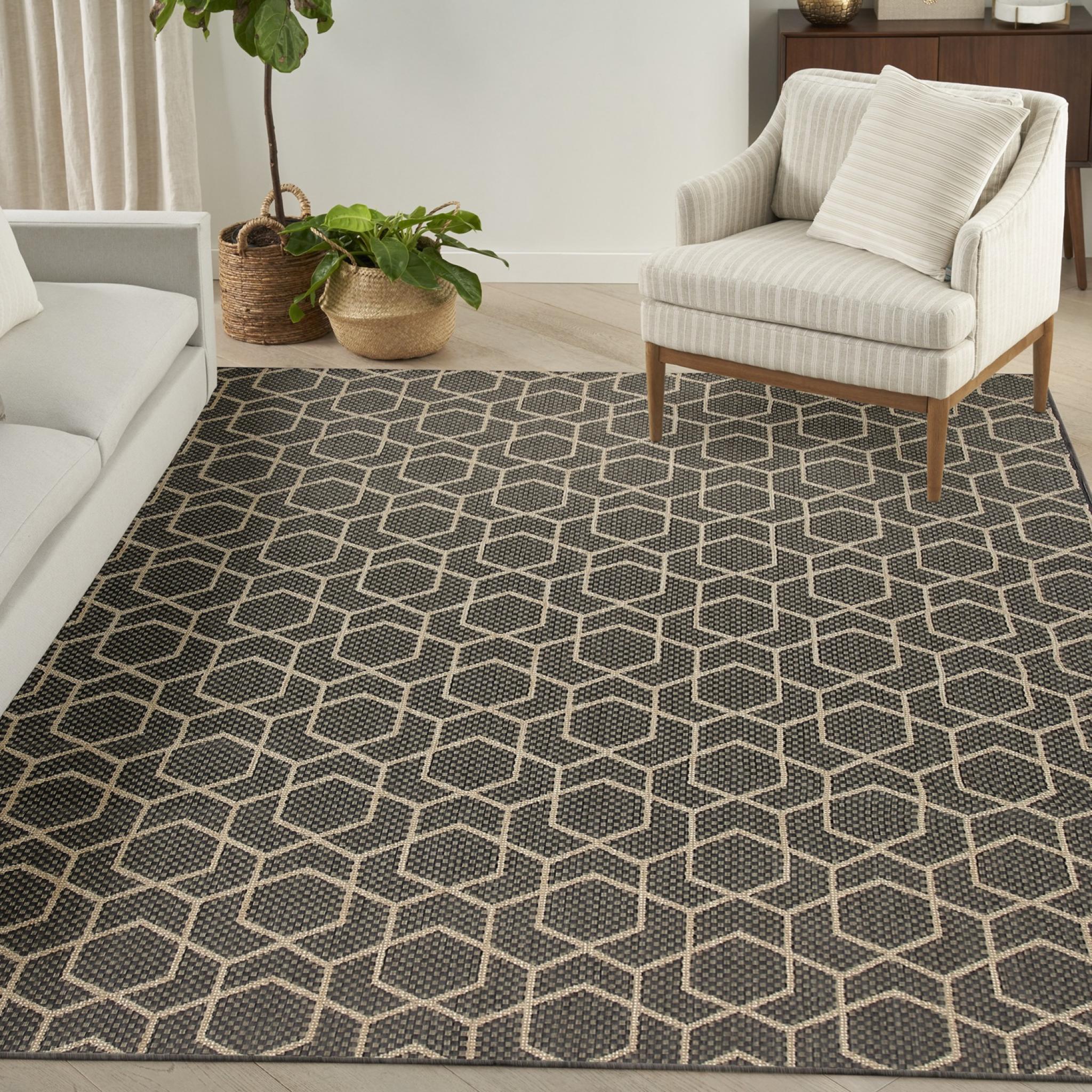 Horizon Indoor Outdoor Rug Modern Geometric Trellis HOZ01 Charcoal Grey Rug by Nourison Medium 152 x 213 cm (5'x7')