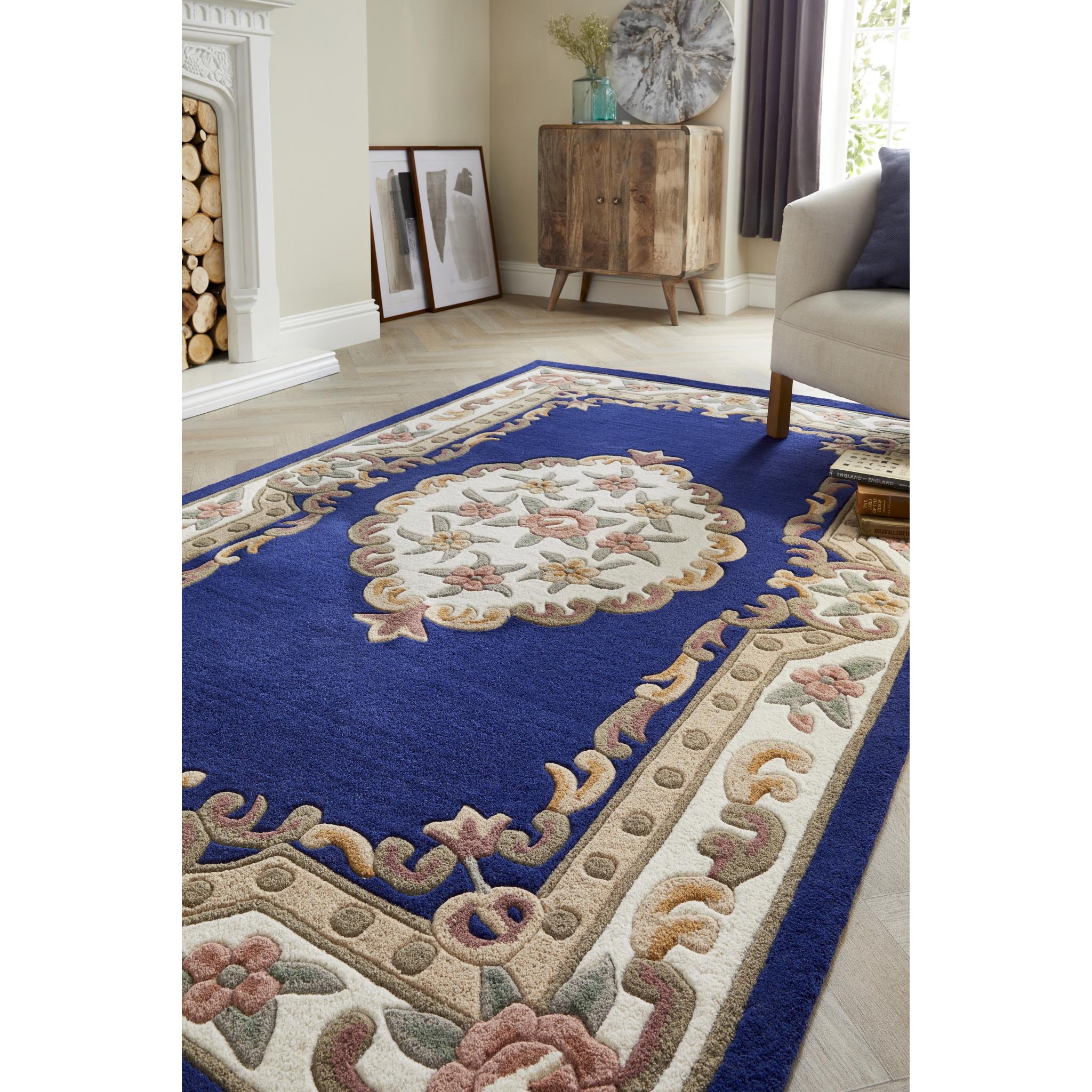 Origins Aubusson Shensi Traditional Wool Round, Hallway, Halfmoon Rug in Navy X-Small 60x120 cm (2'x4')