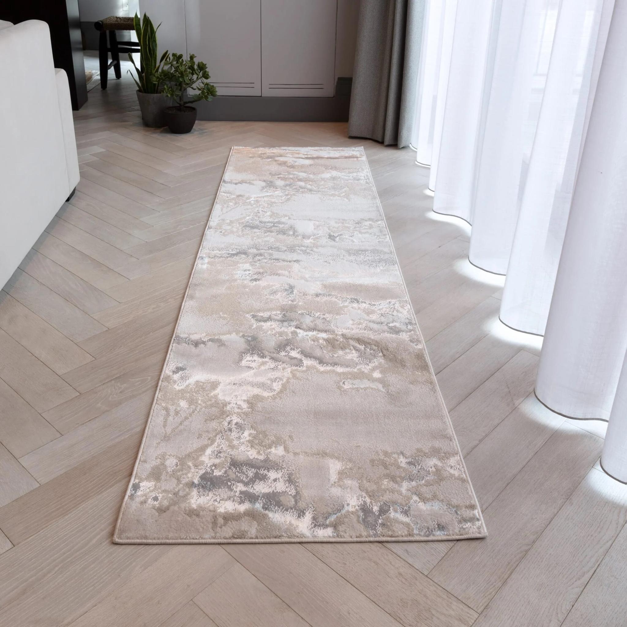 Aurora AU02 Cloud Grey Modern Shiny Abstract Marbled Pattern Rug Hallway Runner 66x240cm (1'x11''x7'10'') Runner