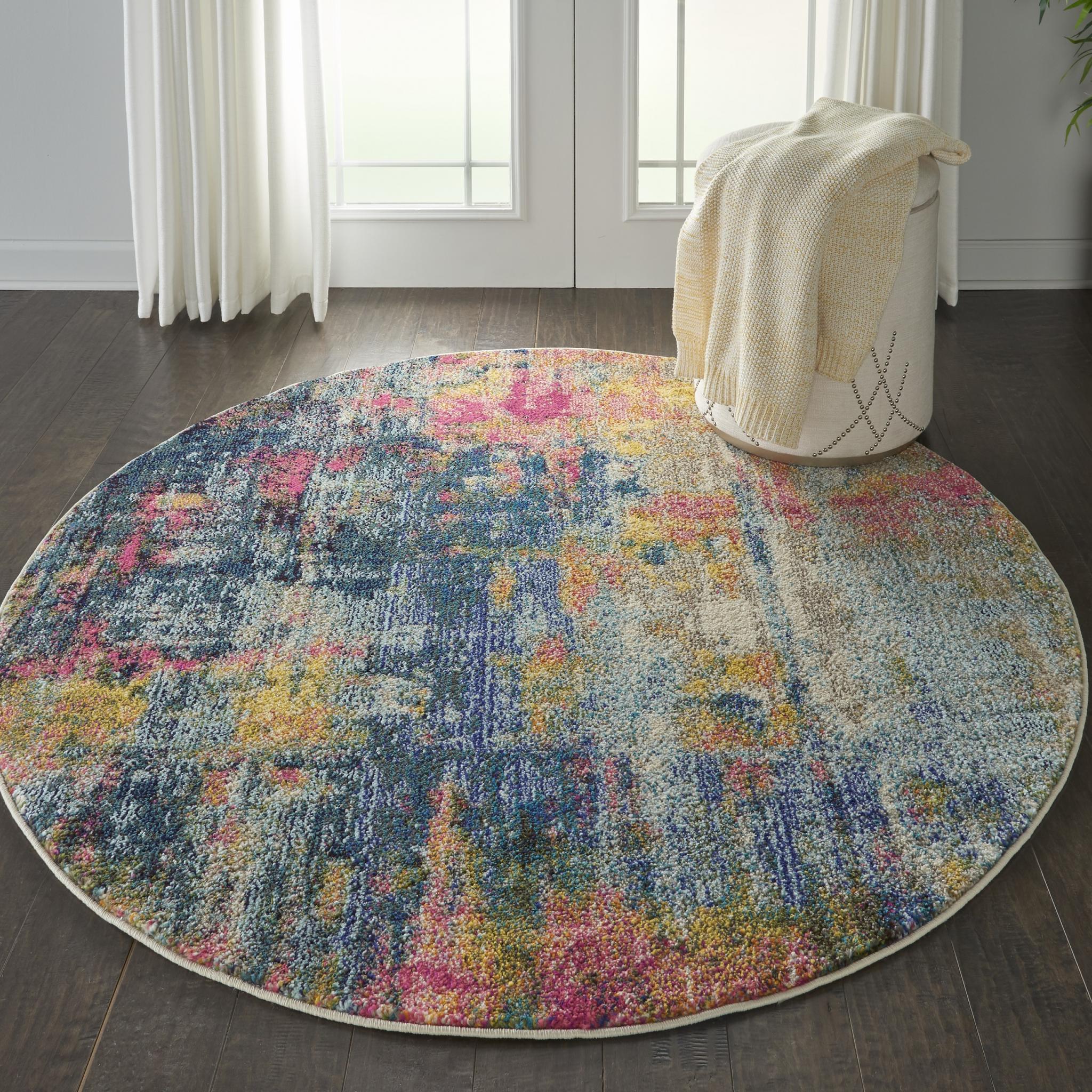 Celestial CES09 Modern Abstract Pictorial Blue Yellow Rug by Nourison Round 122x122 cm (4'x4')