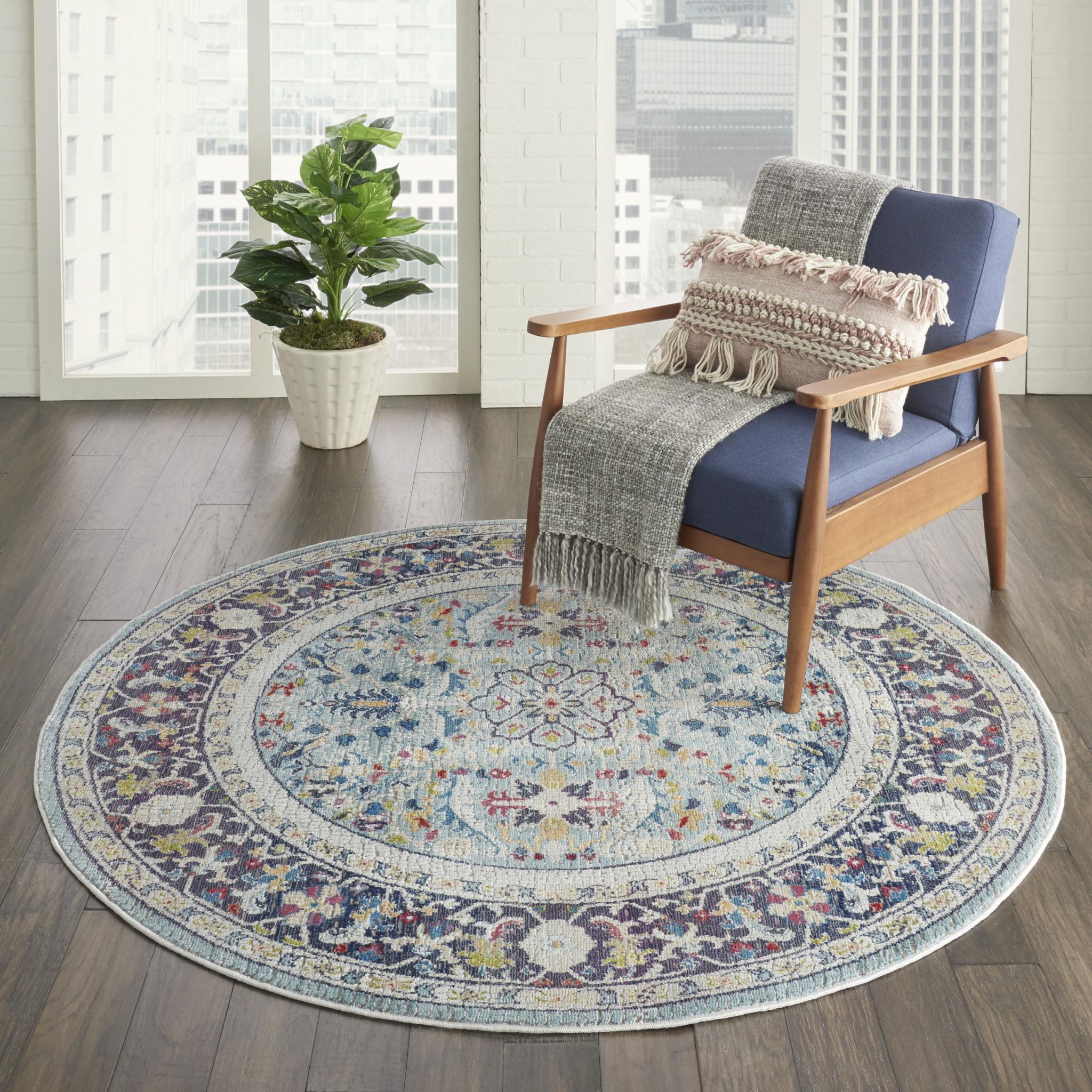 Nourison Ankara Vintage Antique Traditional ANR14 Rug in Teal Blue Multi 122x122 cm (4'x4') Round