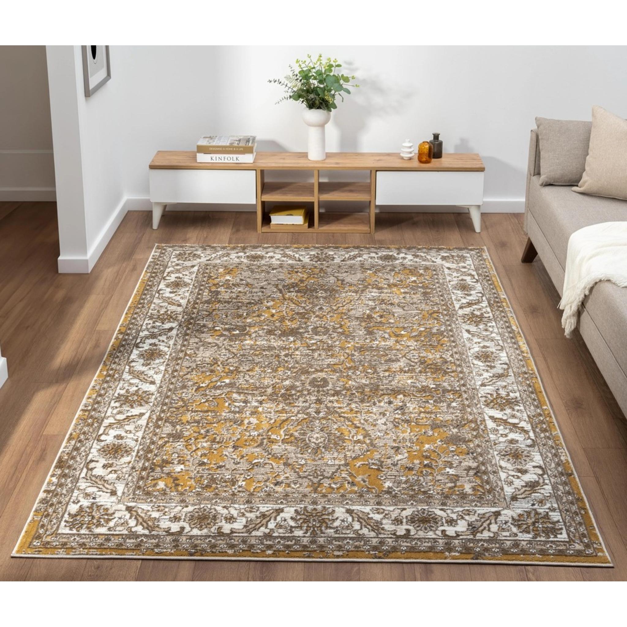 Vintage 553A2 Traditional Classic Bordered Ochre Yellow Gold Rug and Hallway Runner Medium 120x170 cm (4'x5'6")
