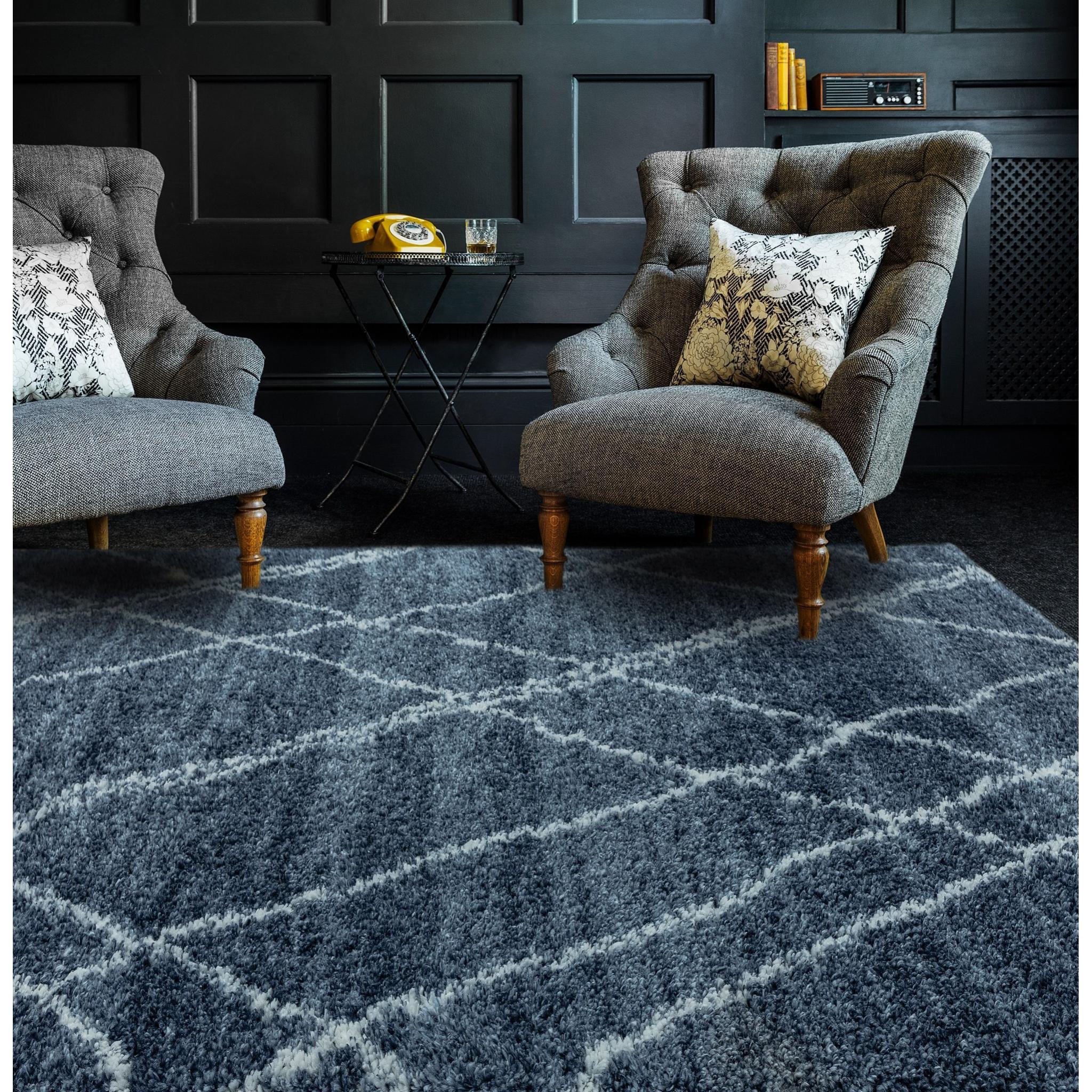 Alto AL01 Morrocan Tribal Soft Shaggy Rug in Blue Cream Small 80x150 cm (2'6"x5')