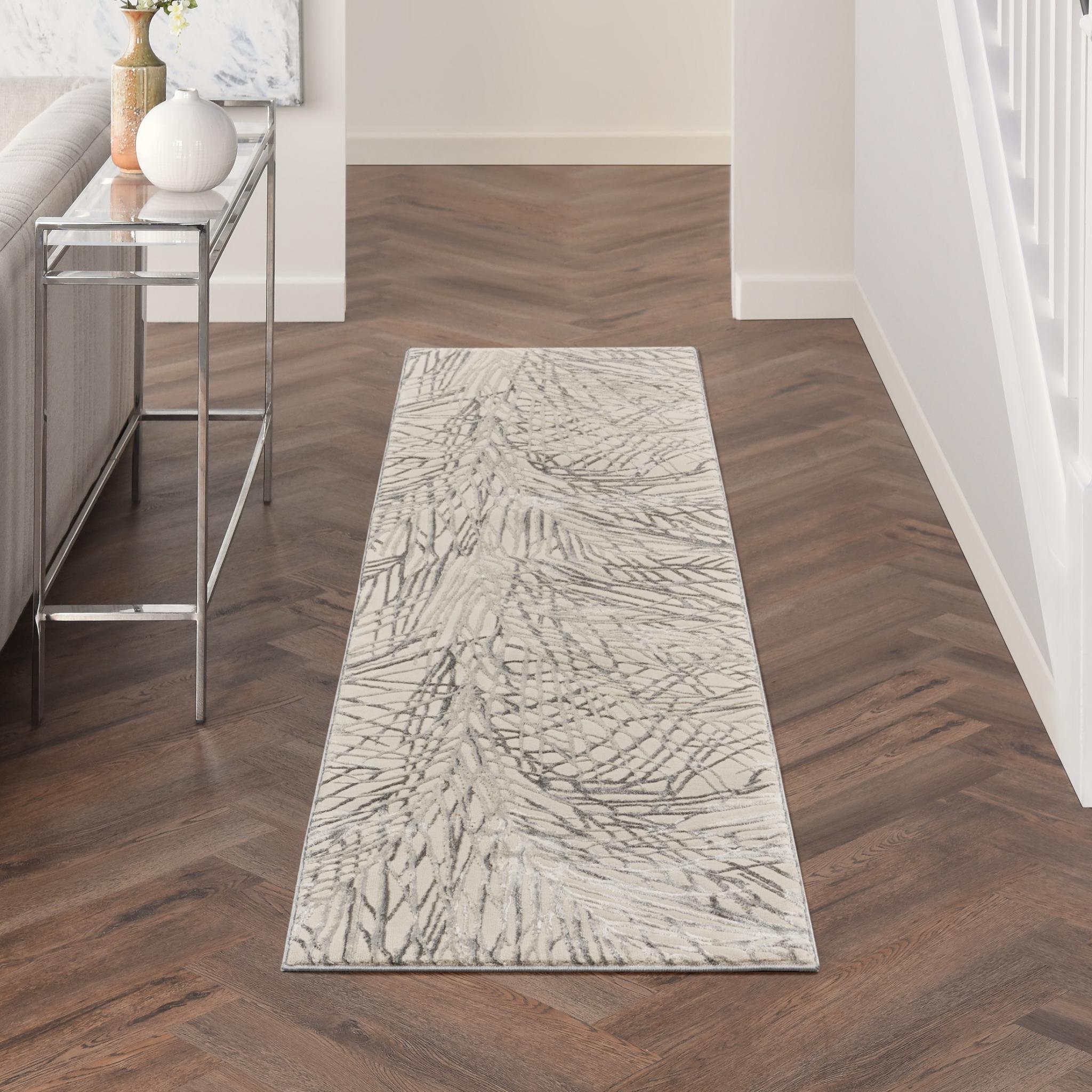 Rustic Textures RUS17 Modern Abstract Leaves Pattern Floral Rug in Ivory Grey Runner 66x236 cm (2'2''x7'6'')