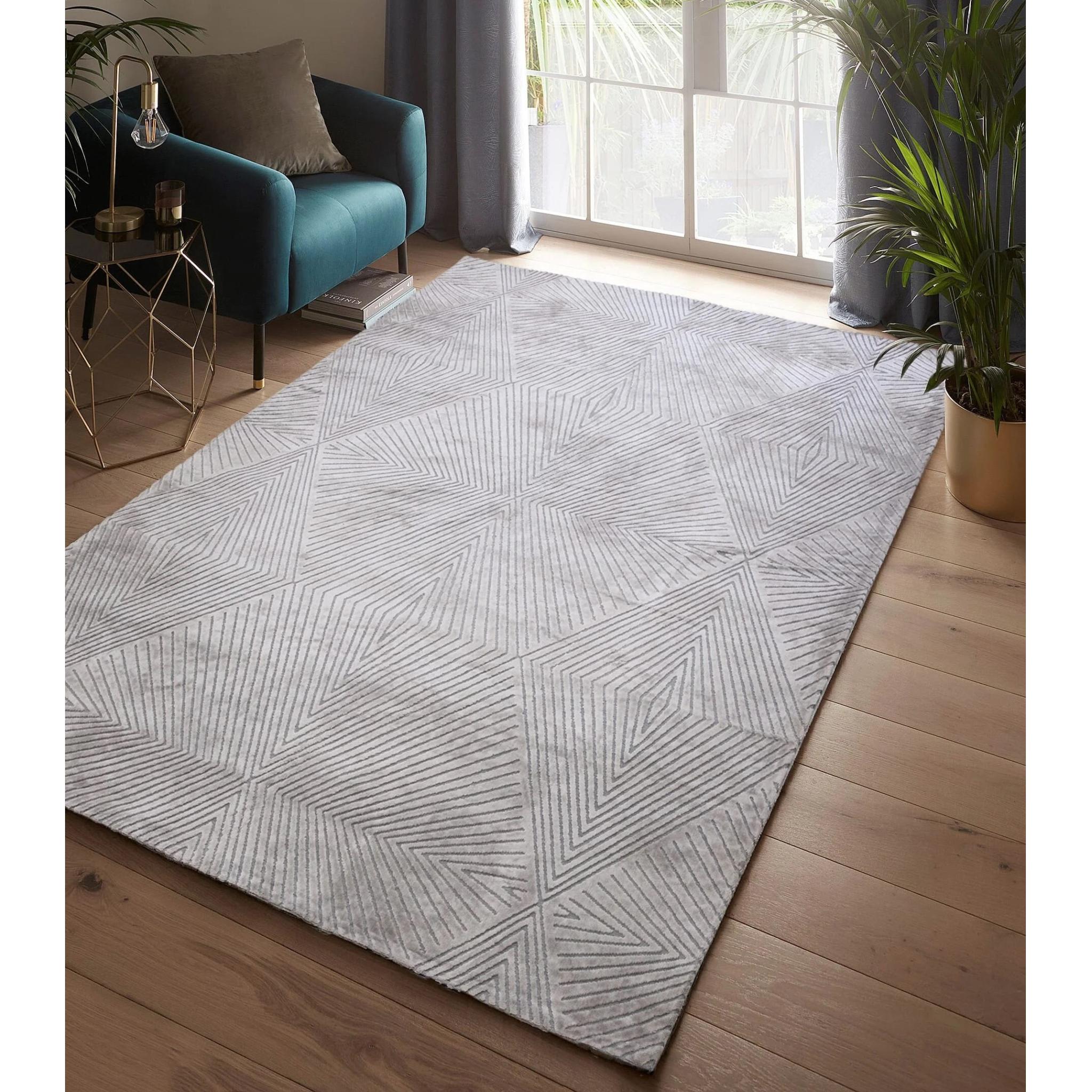 Blaize Geometric Rug by Clarke & Clarke Soft Silky Quality Viscose Geometric Design Rug in Silver Grey Large 160x230 cm (5'3"x7'7")