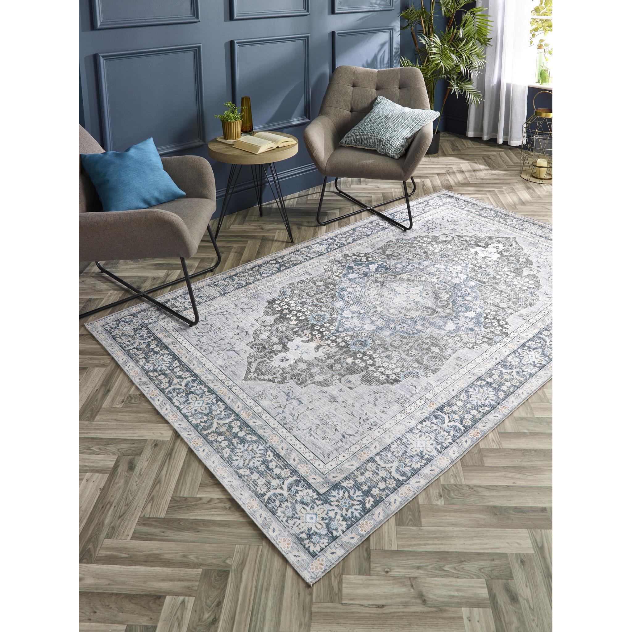Origins Washable Oakham Traditional Medallion Soft Chenille Rug in Teal Grey Multi Small 80x150 cm (2'6"x5')