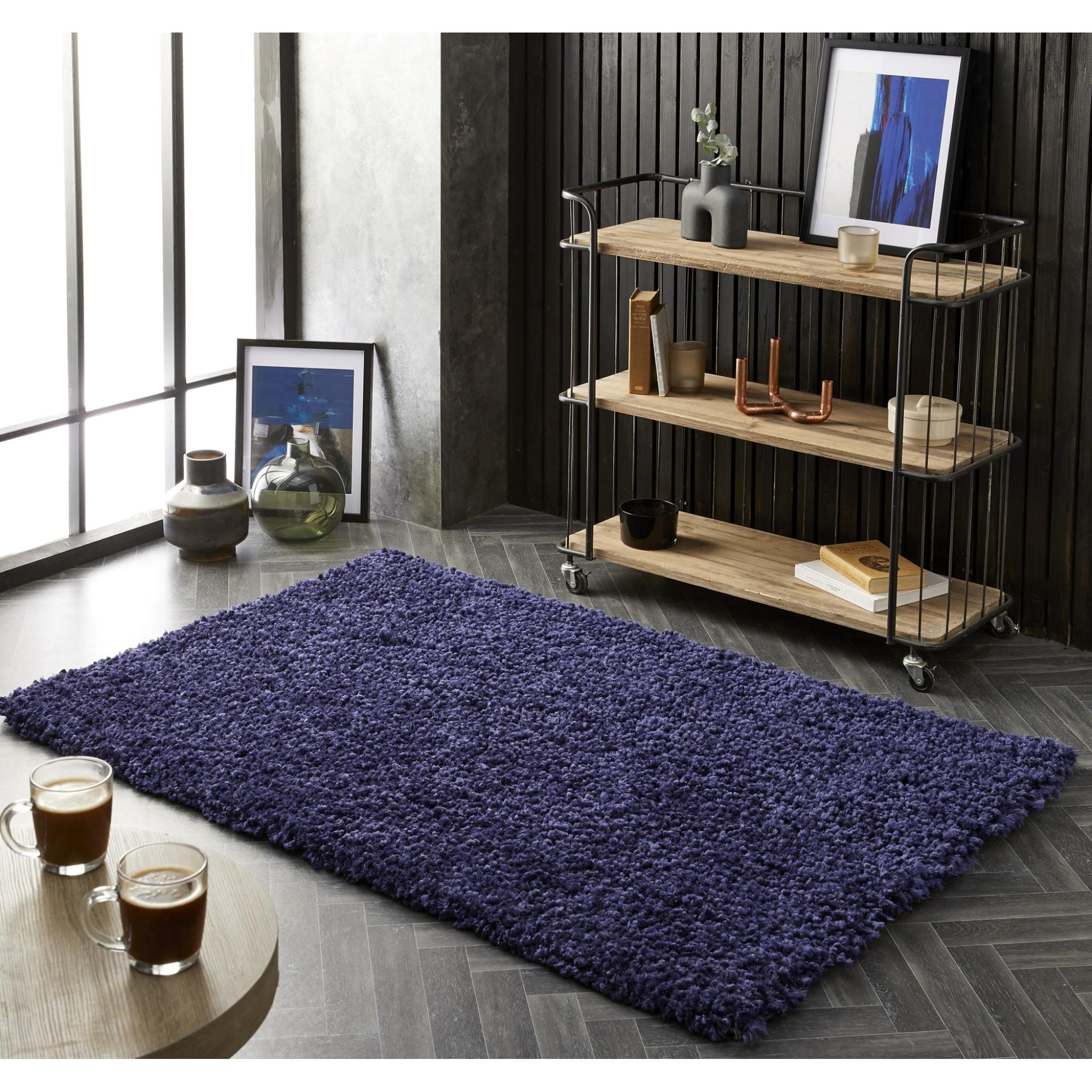 Origins Portland Modern Plain High Pile Super Soft Fluffy Shaggy Rug in Navy Blue X-Small 60x110 cm (2'x3'7")