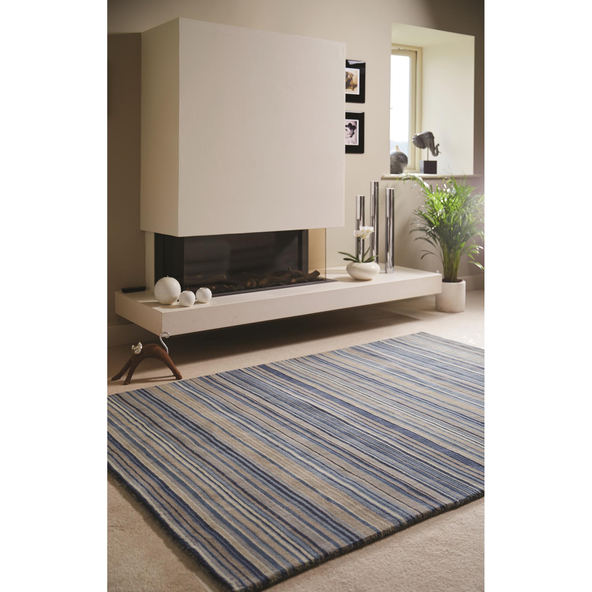 Origins Fine Stripes Hand Loom Woven Wool Rug Halway in Blue Beige 80x150cm (2'6"x5'0")
