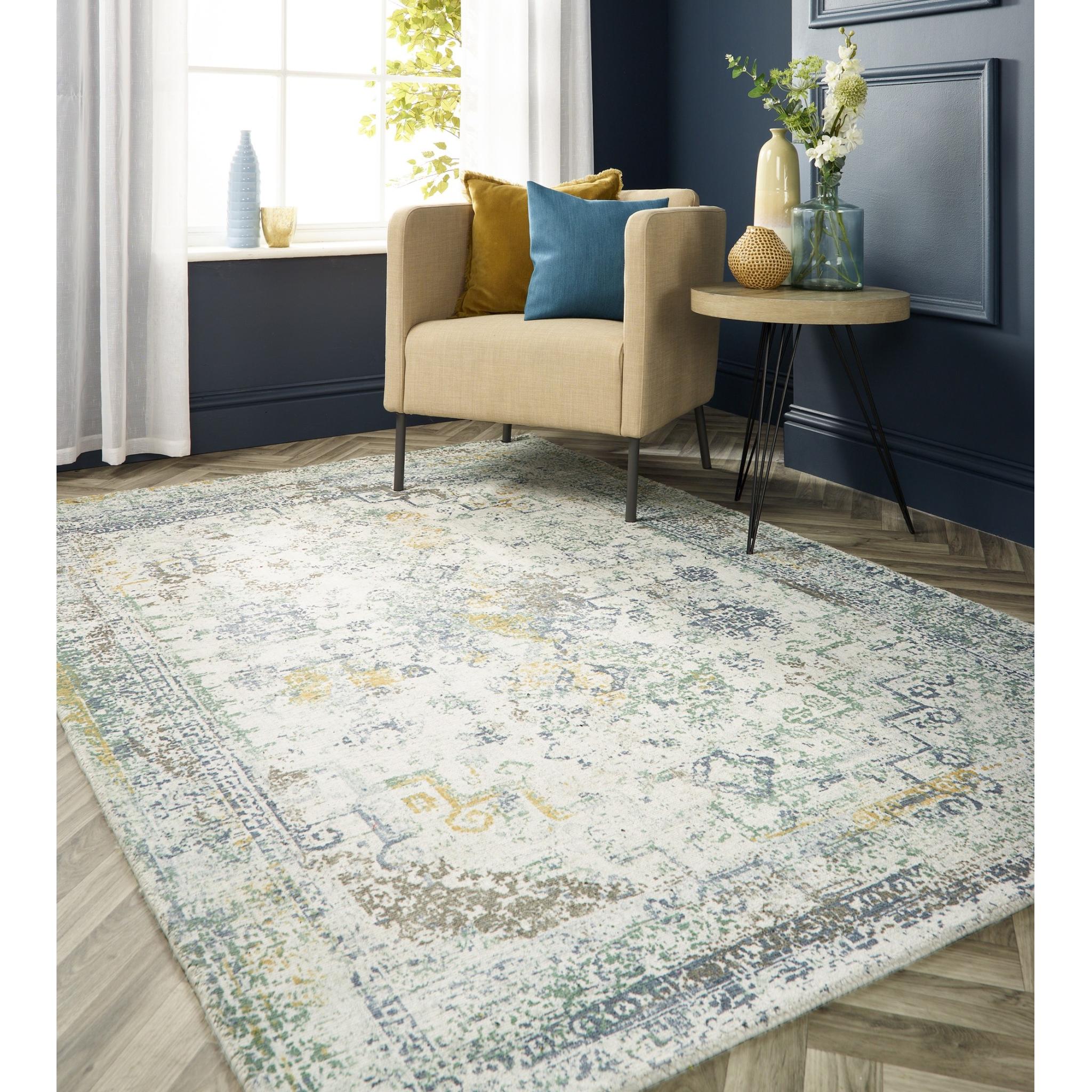 Origins Vogue Traditional Vintage Look Rug in Blue Ochre Yellow Small 80x150 cm (2'6"x5')