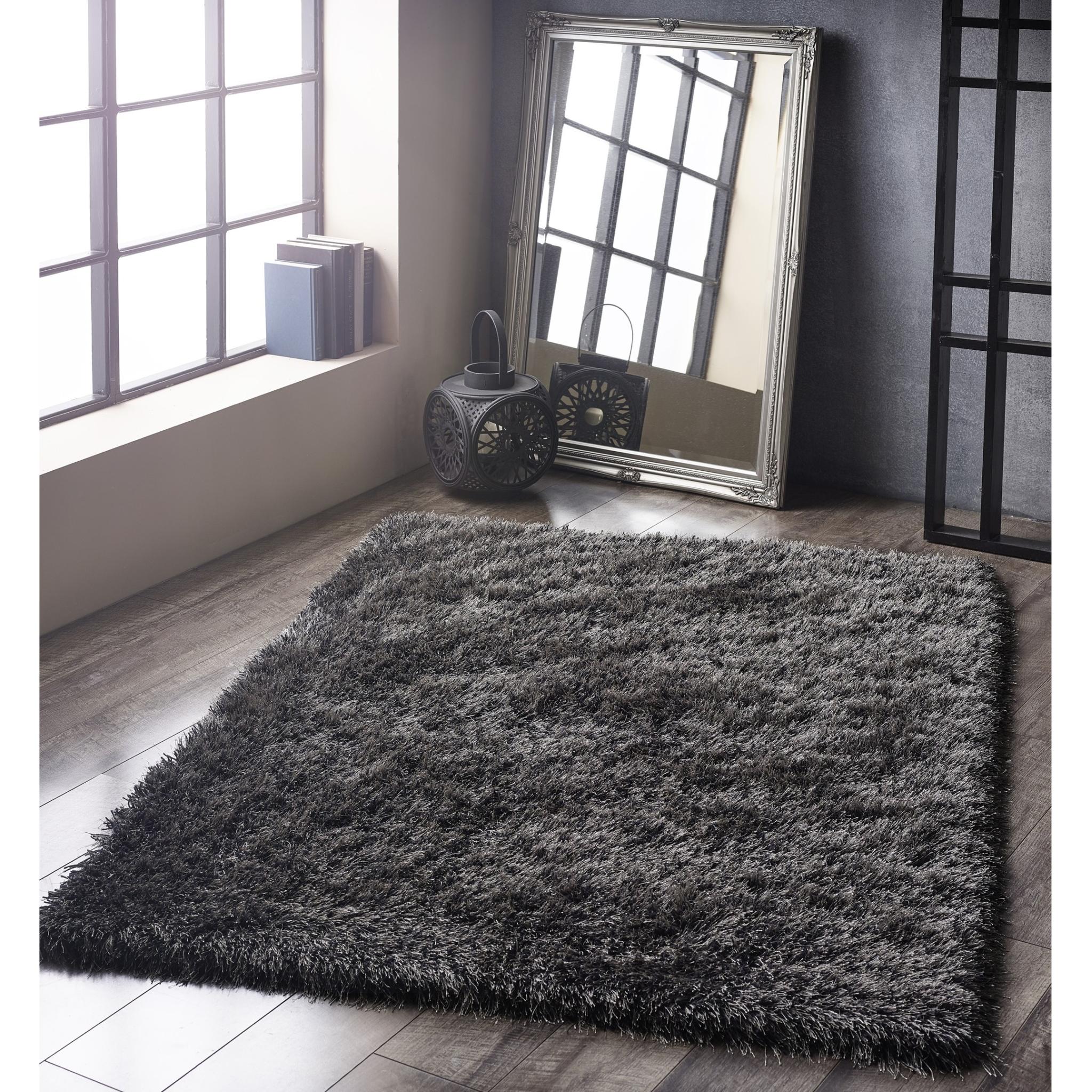 Ritzy Plain Shaggy Soft Fluffy Silky High Pile Charcoal Grey Rug Medium 120x170 cm (4'x5'6")