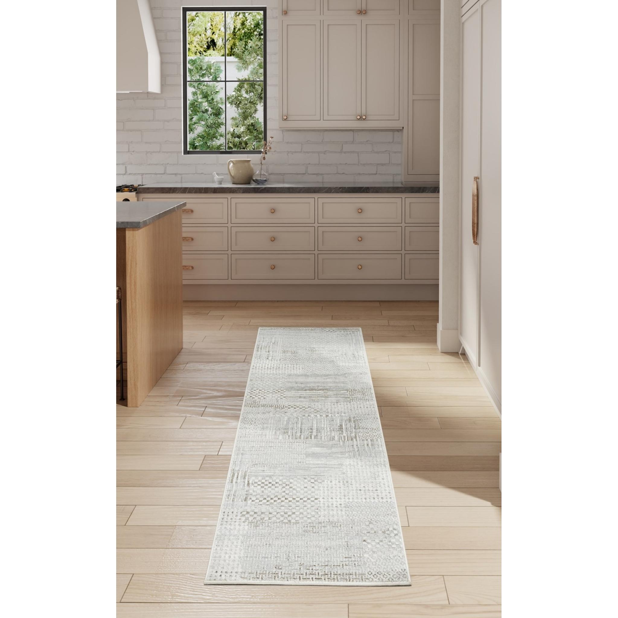 Glitz GLZ09 Modern Classic Geometric Patchwork Soft Silky Shimmer Silver Grey Rug Runner by Nourison Runner 66x229 cm (2'3"x7'6")