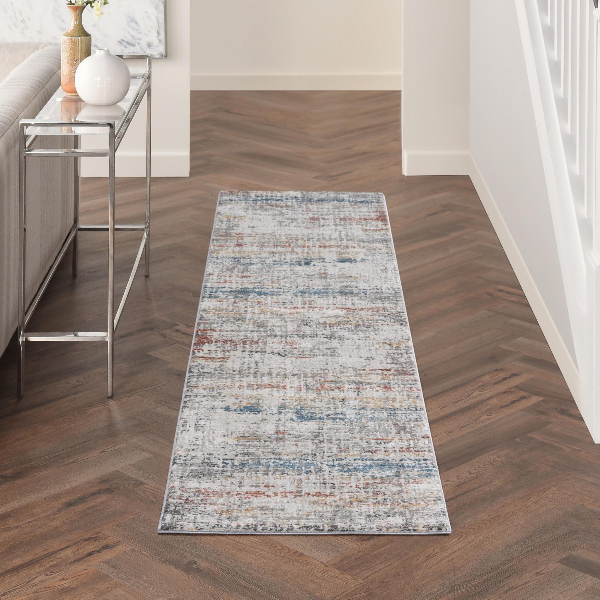 Rustic Textures RUS14 Modern Painterly Abstract Rug in Light Grey Multi Runner 66x236 cm (2'2''x7'6'')