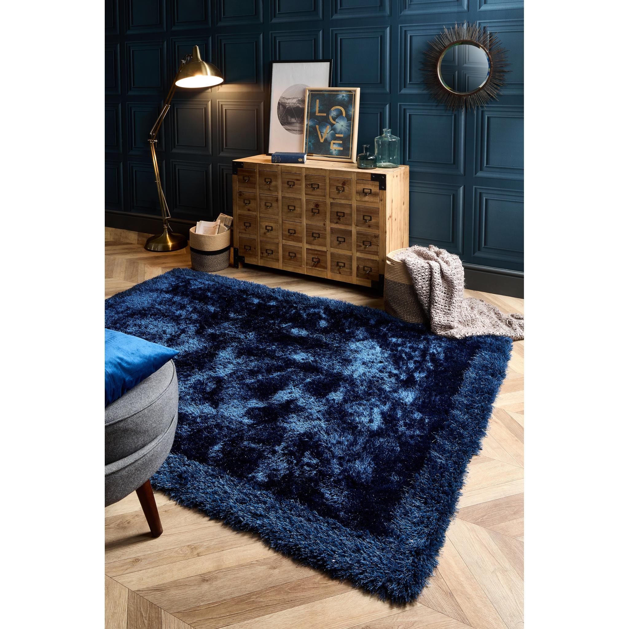 Origins Shimmer Silky Shaggy Hand Tufted Carpet Border Modern Soft Fluffy Shag Rug in Indigo Blue Large 160x230 cm (5'3"x7'7")