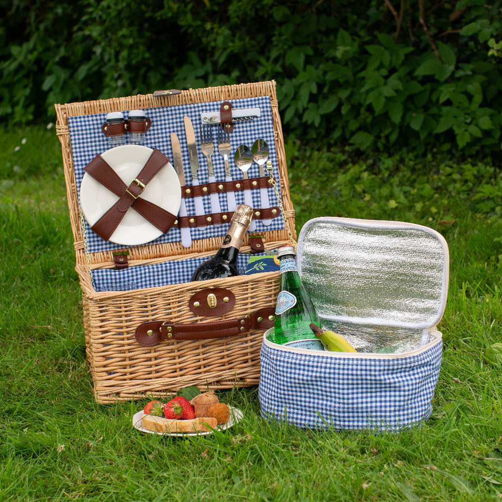 2 Person Small Picnic Basket with Cool Box & Blue Gingham Lining