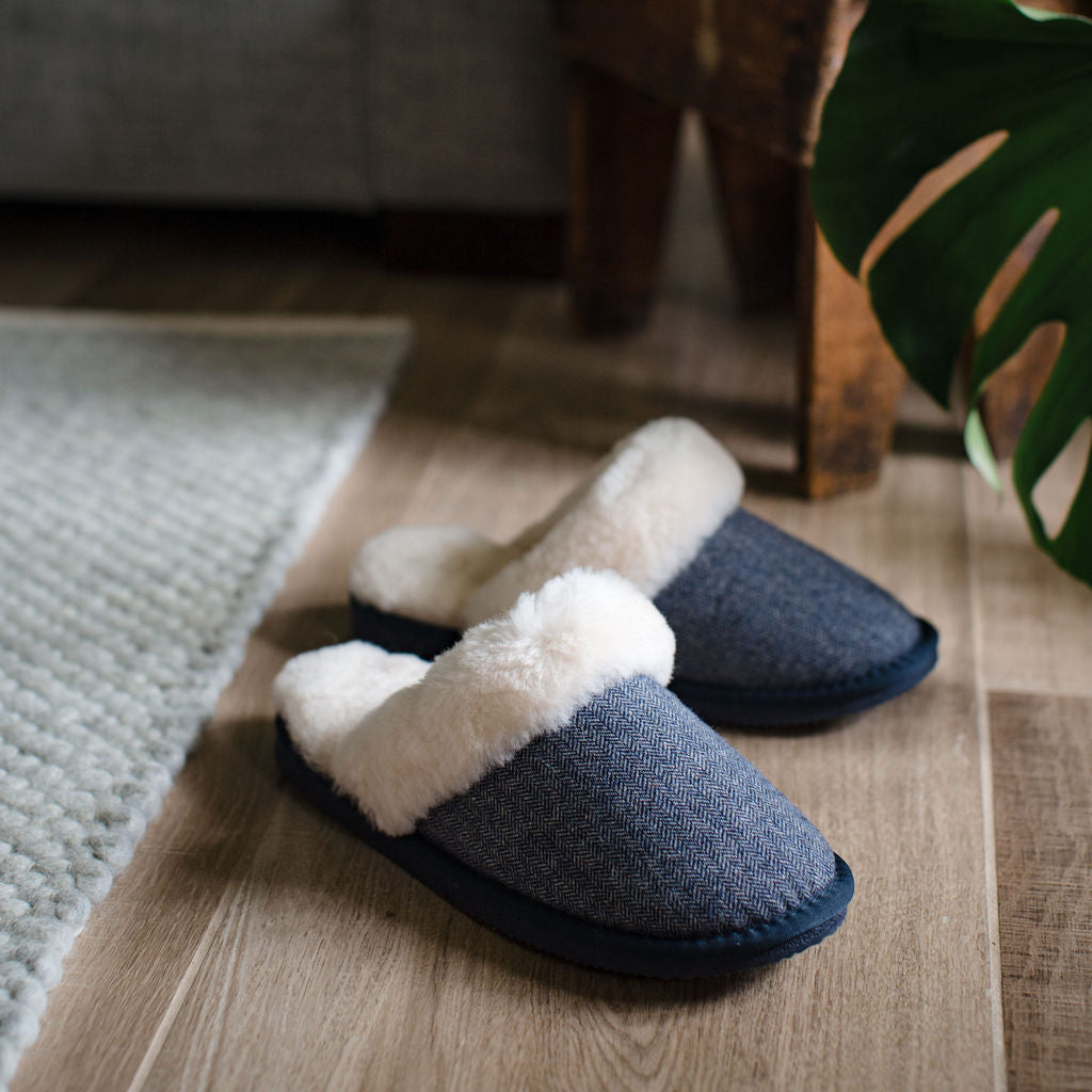 Deluxe Ladies 'Daisy' Sheepskin Slipper Mule - Herringbone Navy