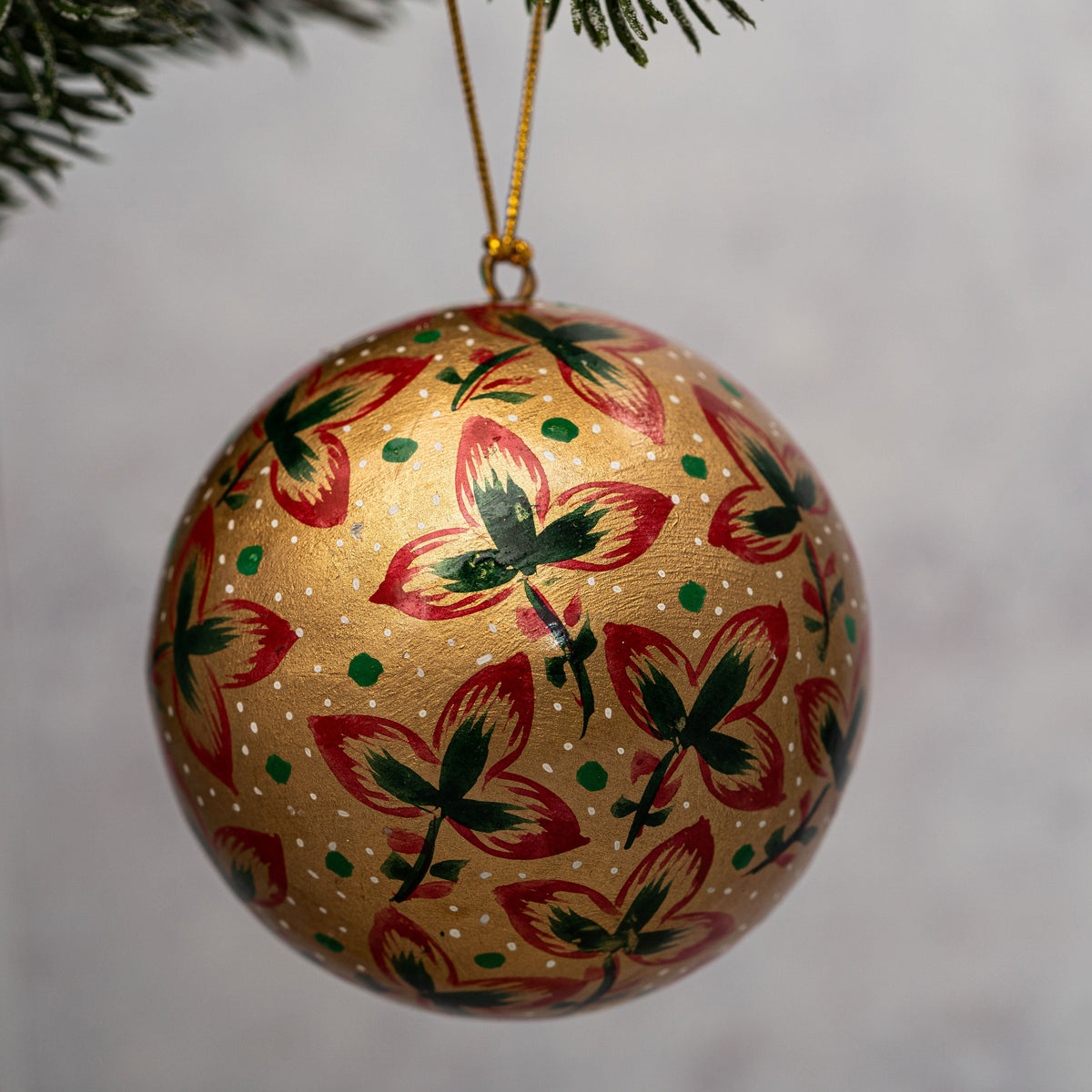 2" Gold With Red Tri Leaf Christmas Bauble