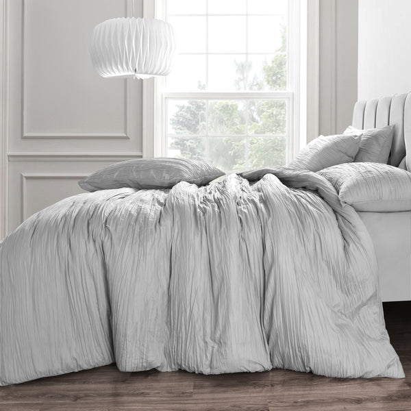 Velosso Calais Crinkle Pleated Grey Duvet Cover & Pillowcase Set