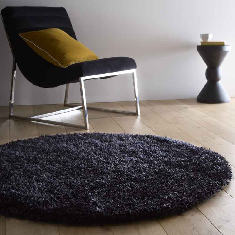 Chicago Circle Shaggy Plain Modern Rugs in Black