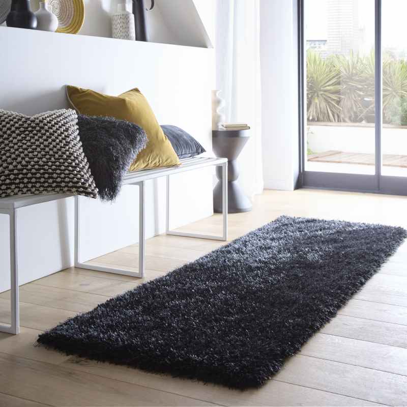 Chicago Shaggy Modern Plain Runner Rugs in Black