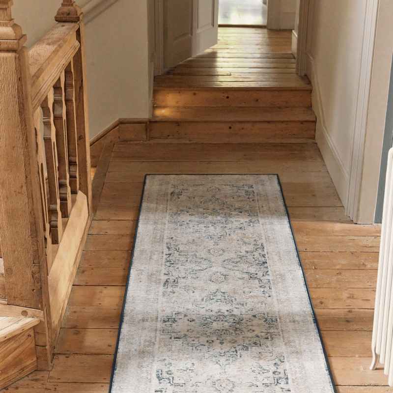 Classical Blue Eco Washable Traditional Runner Rugs by Hug Rug in Blue