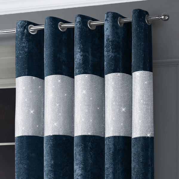 Intimates Diamante Navy Crushed Velvet Ready Made Eyelet Curtains